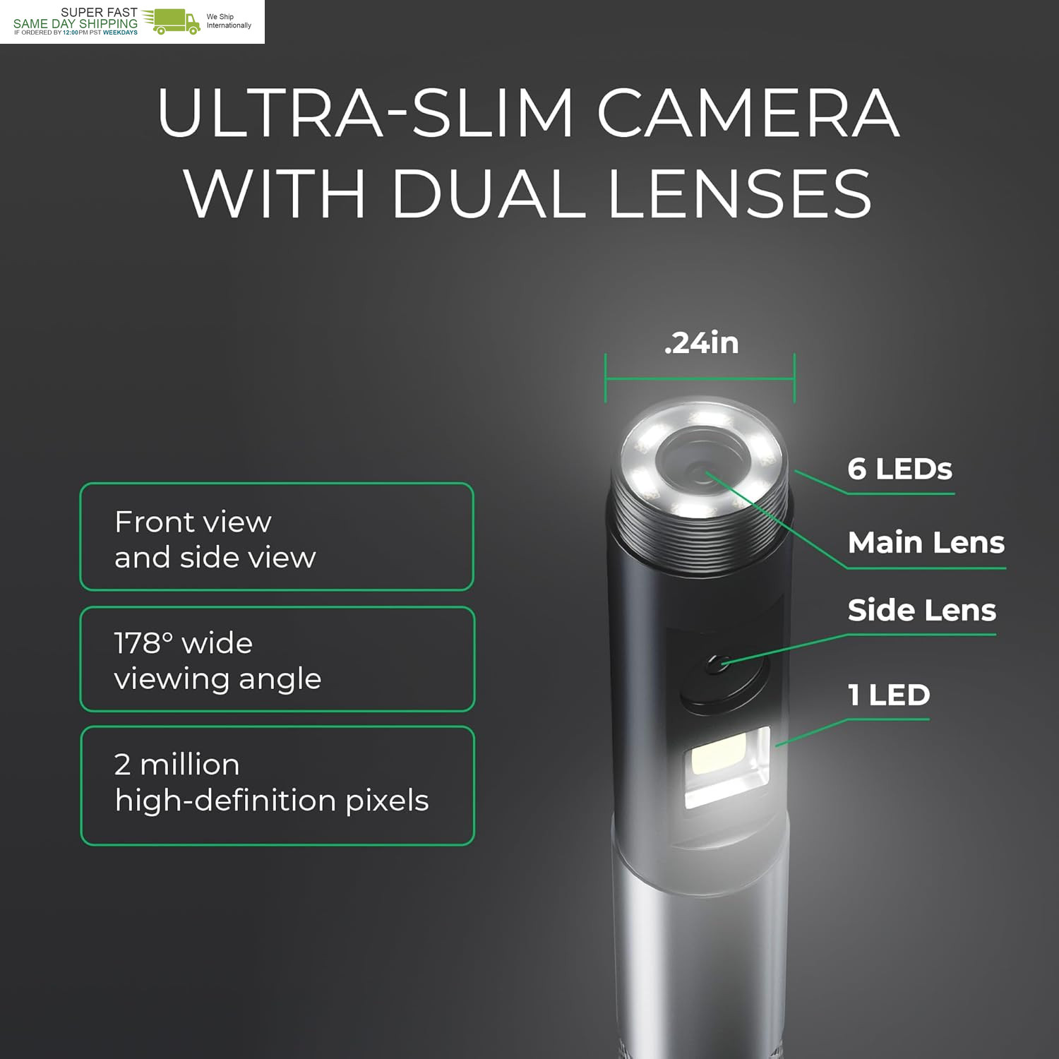 Two-Way Articulating Borescope 360°, Dual Lens Inspection Camera with Light, 6Mm