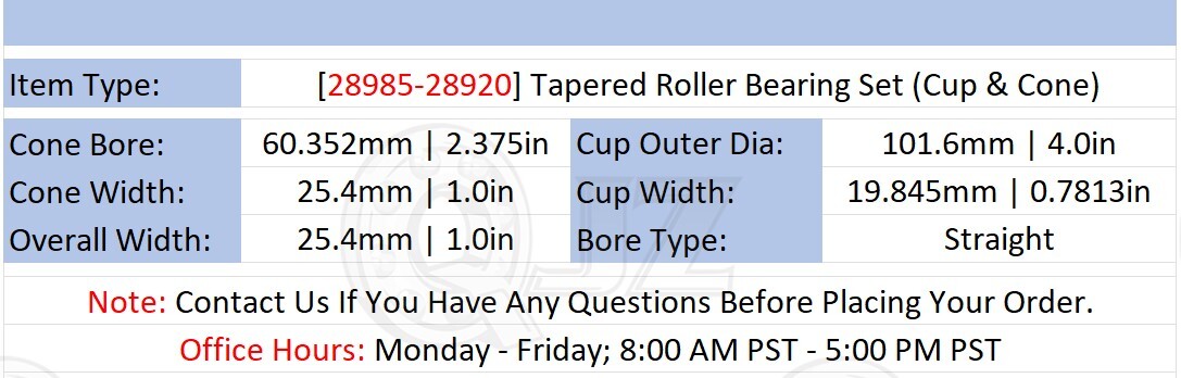 [Qty.2] 28985-28920 Tapered Roller Bearing Set Cup & Cone [2-3/8″ ID x 1.0″ W]