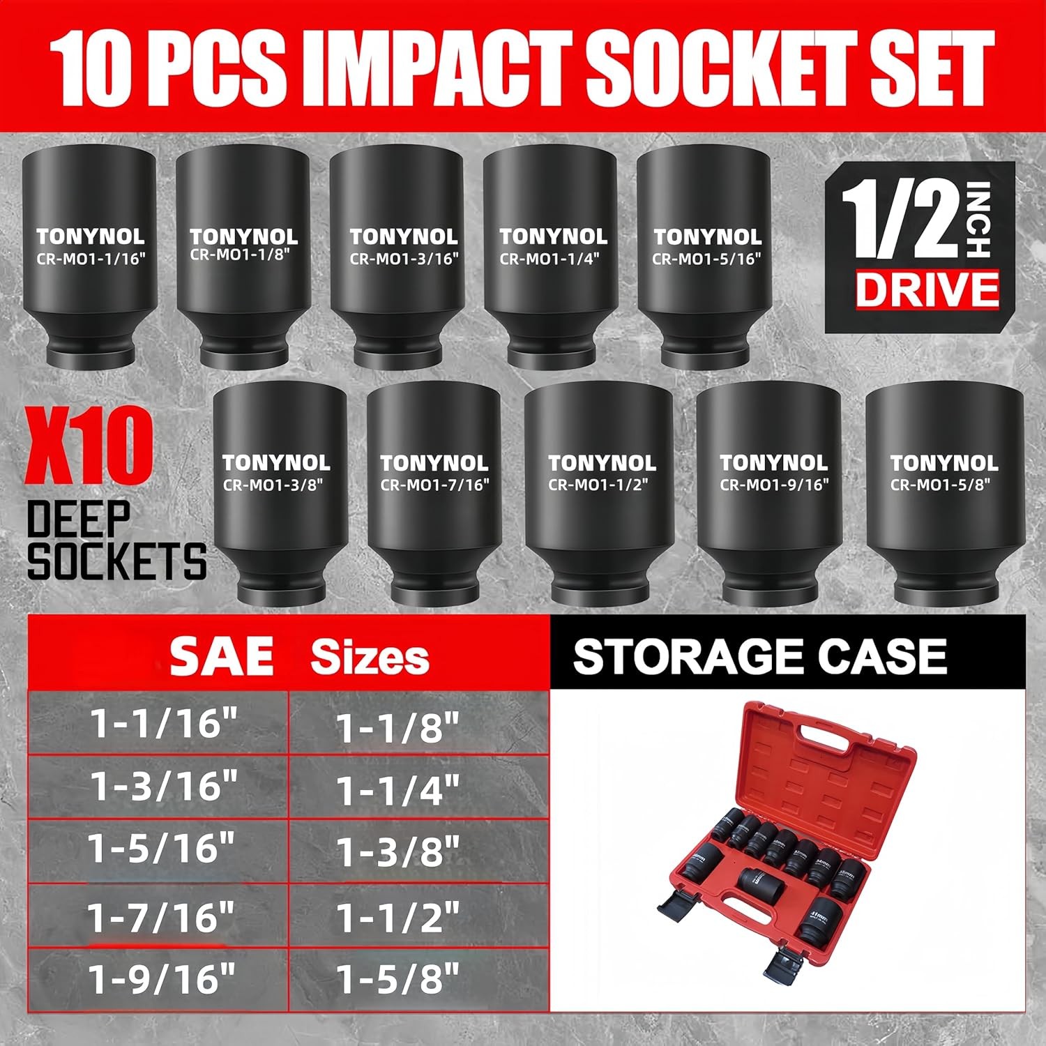 1/2″ Inch Drive Impact Socket 1/2 SAE 10PC Deep (1-1/16 to 1-5/8)