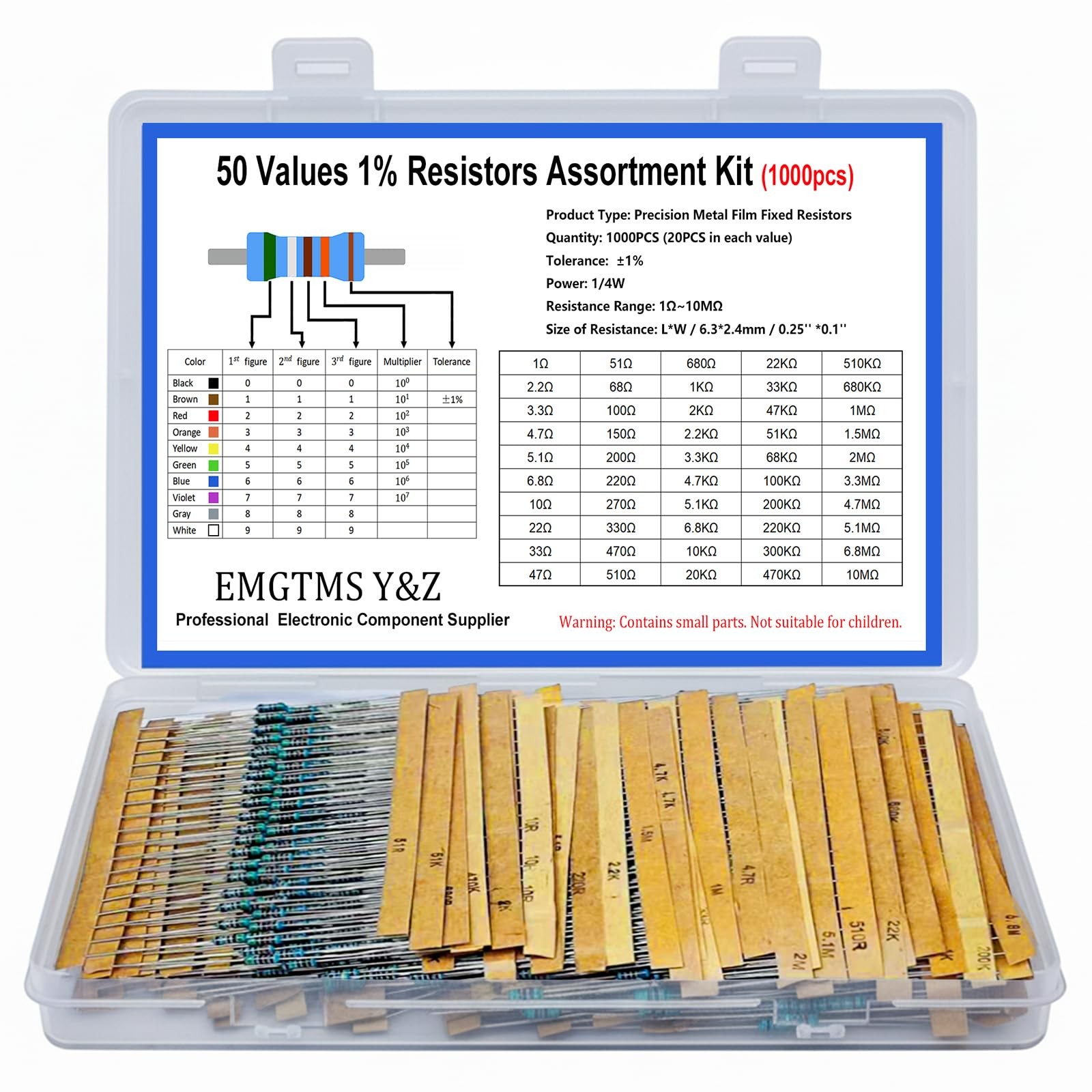 1000 Pcs 50 Values 1/4W Metal Film Resistors Kit, 0.25W 1% (1Ω-10MΩ)