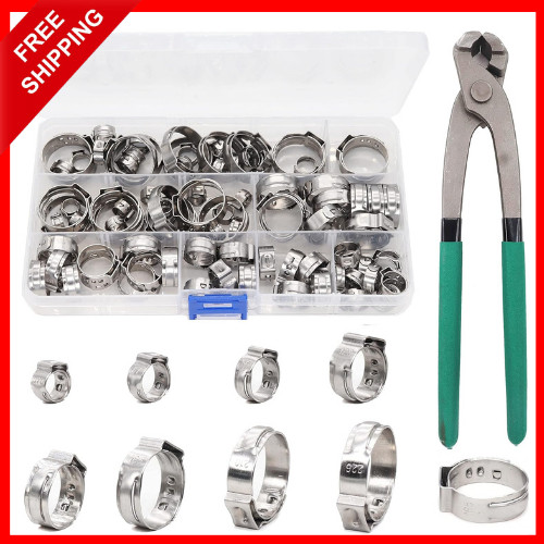 92PCS Single Ear Oetiker Hose Clamps 6-22.6mm w Plier Gloves Stainless Steel Kit