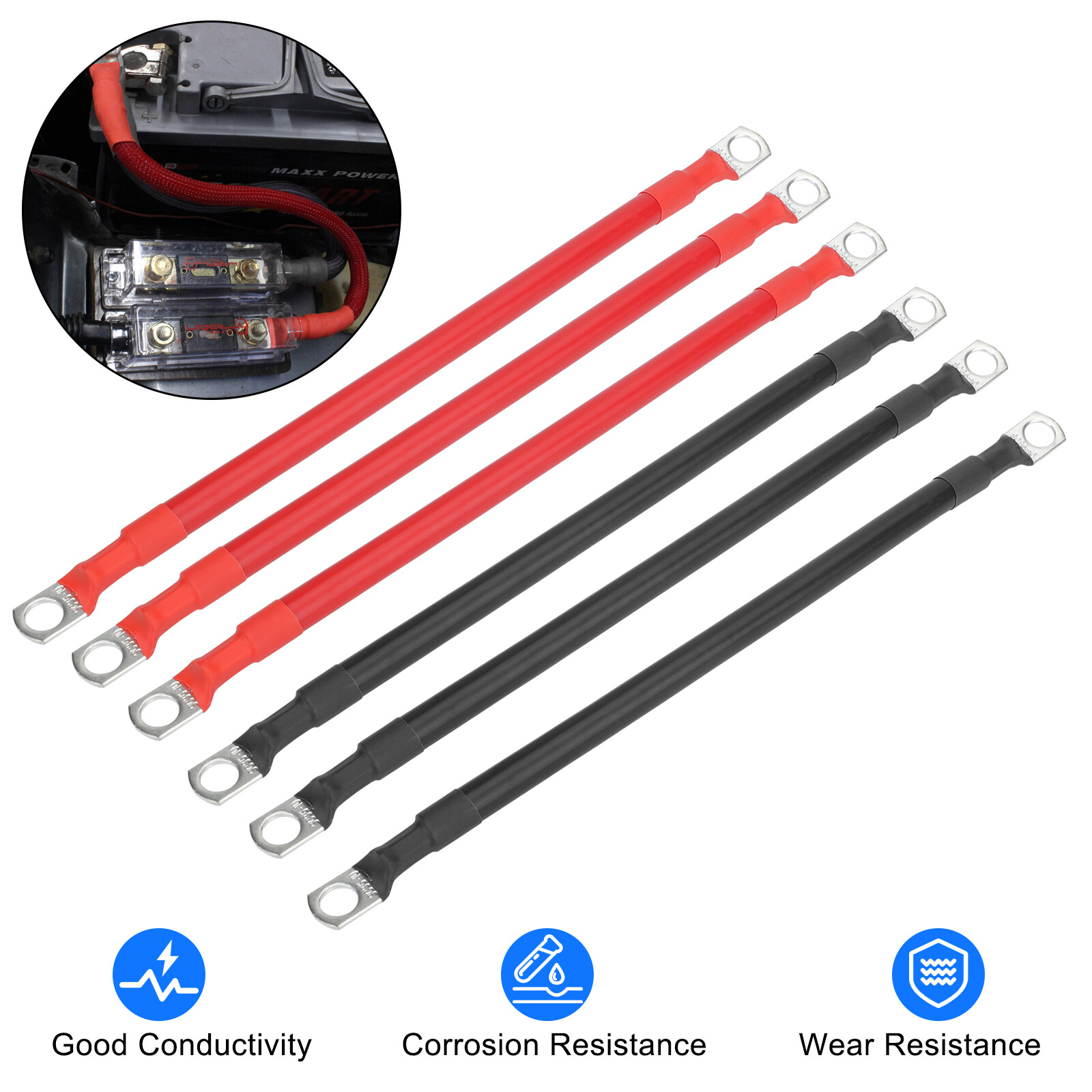 6pcs 2AWG Copper Battery Cables 3/8″ Lugs Terminals Power Inverter Wires 1FT