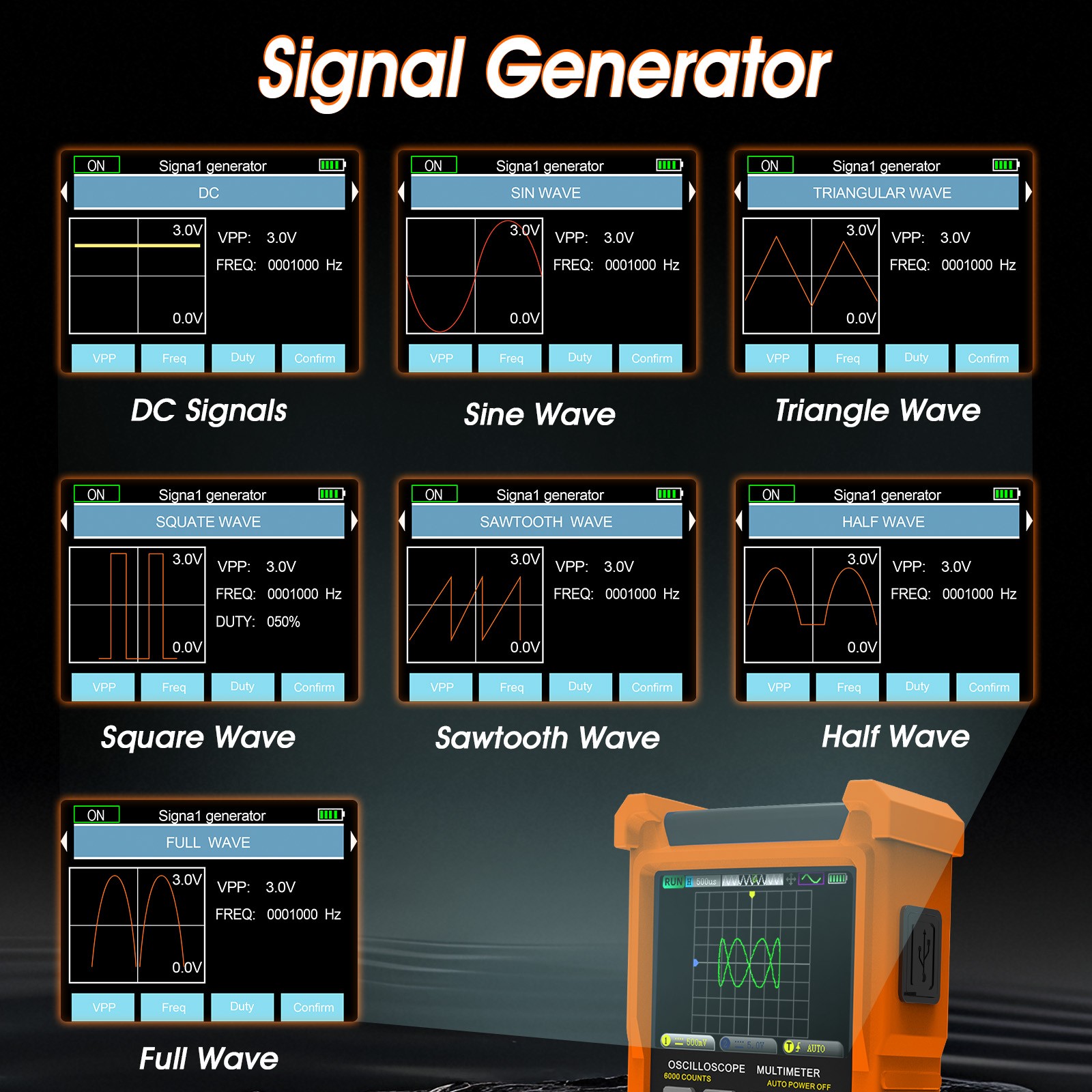 Digital 3in1 Oscilloscope Multimeter AUTO Signal Generator 1000V 50MHz Handheld