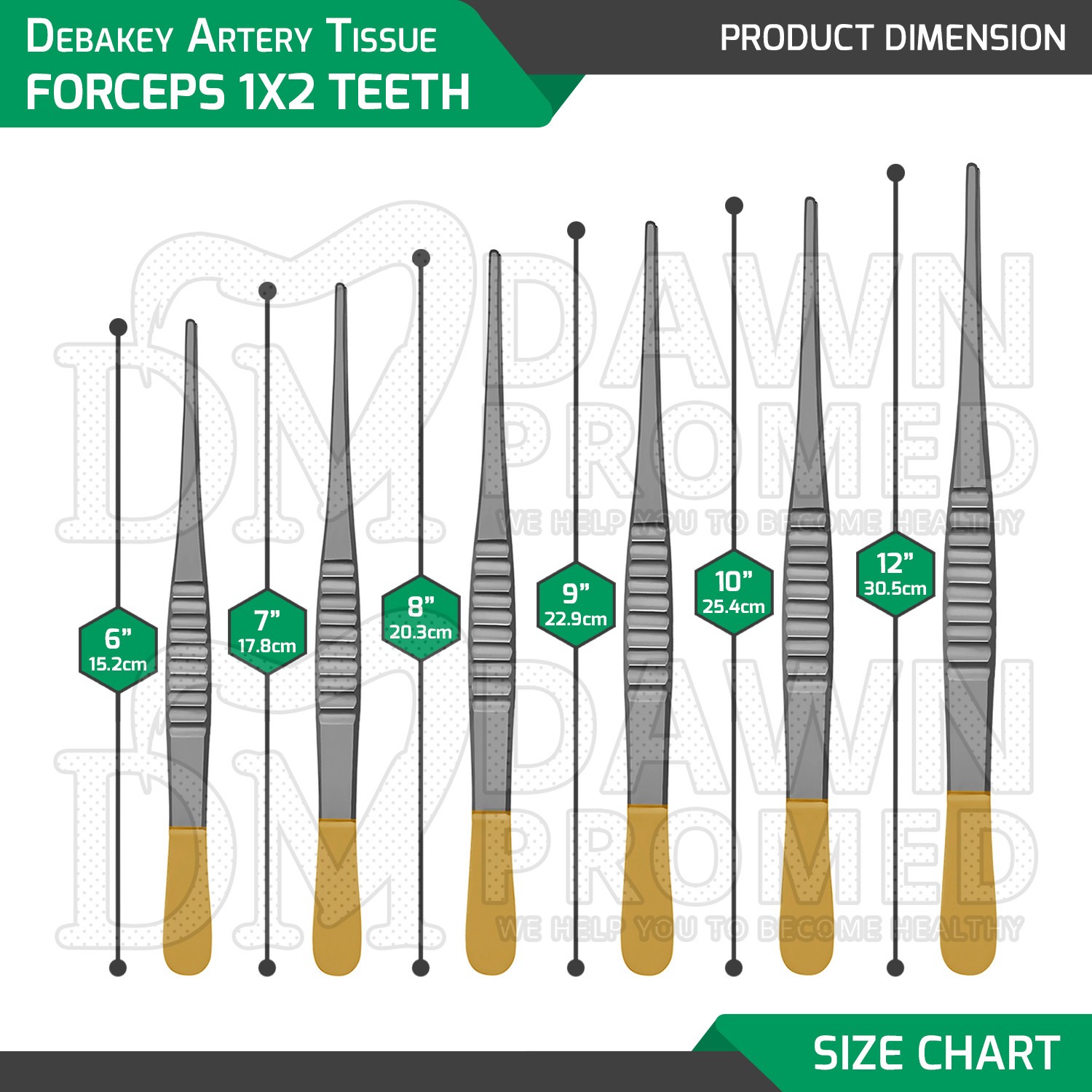6 Pcs Debakey Artery Tissue Forceps 1×2 Teeth 6,7,8,9,10,12″ Gold Handle Set