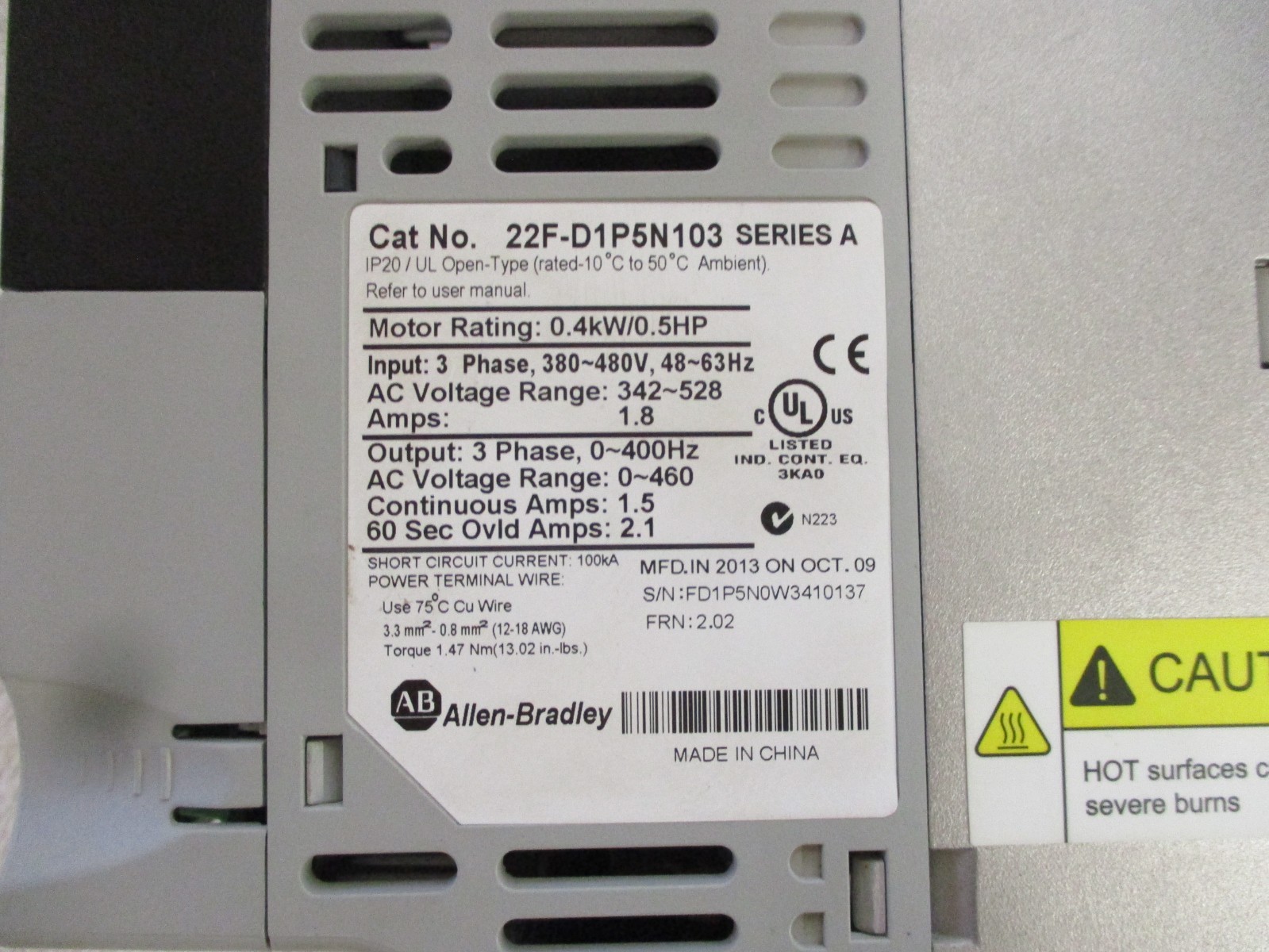 Allen Bradley PowerFlex 4M 380-480V .5 HP AC Drive 22F-D1P5N103