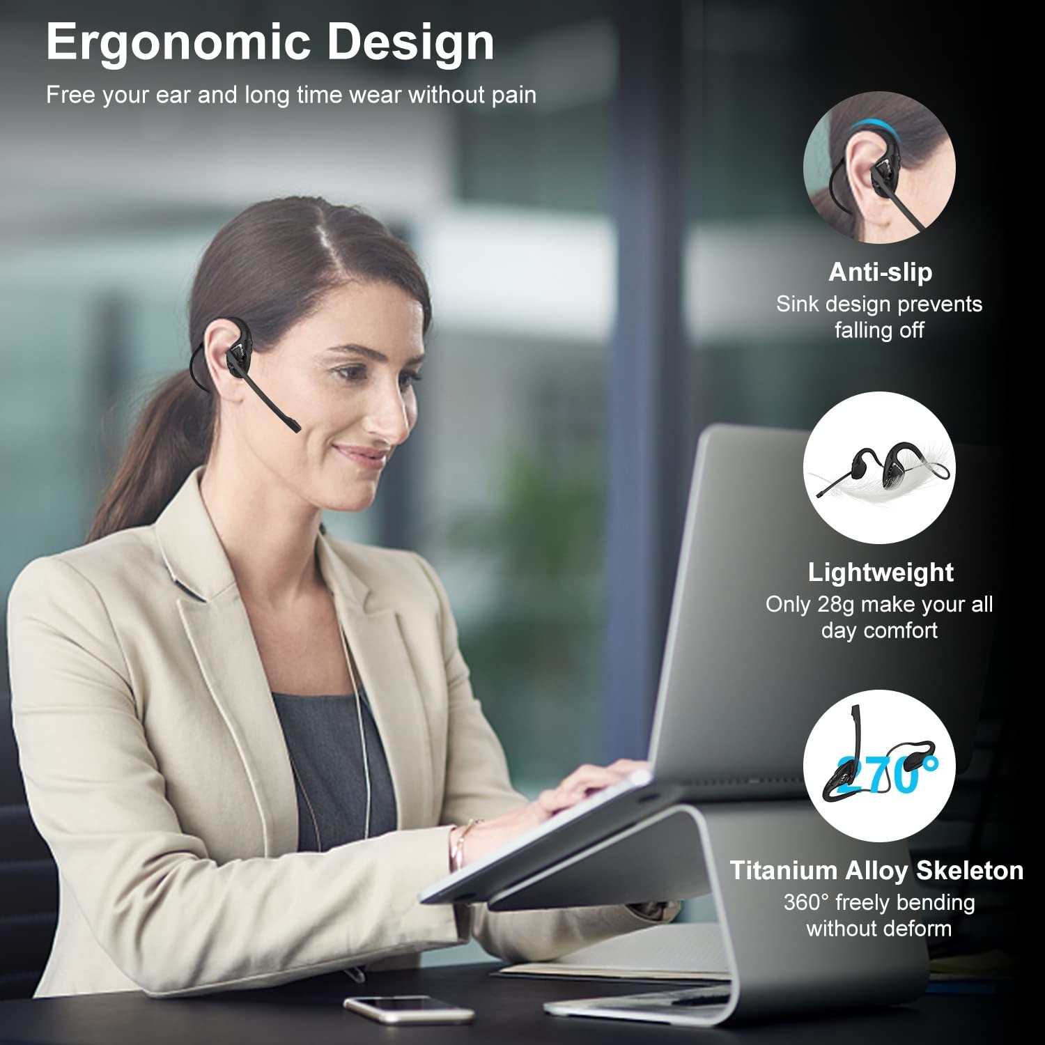 iDIGMALL Bluetooth 5.3 Headset with Microphone, Open Ear Headphones w/Noise C…