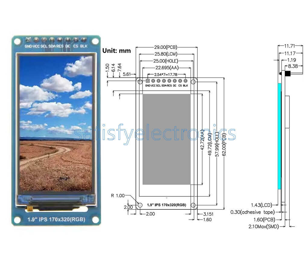 1.9″ IPS Full Angle TFT LCD Color Screen Module SPI Serial Port 170×320 ST7789