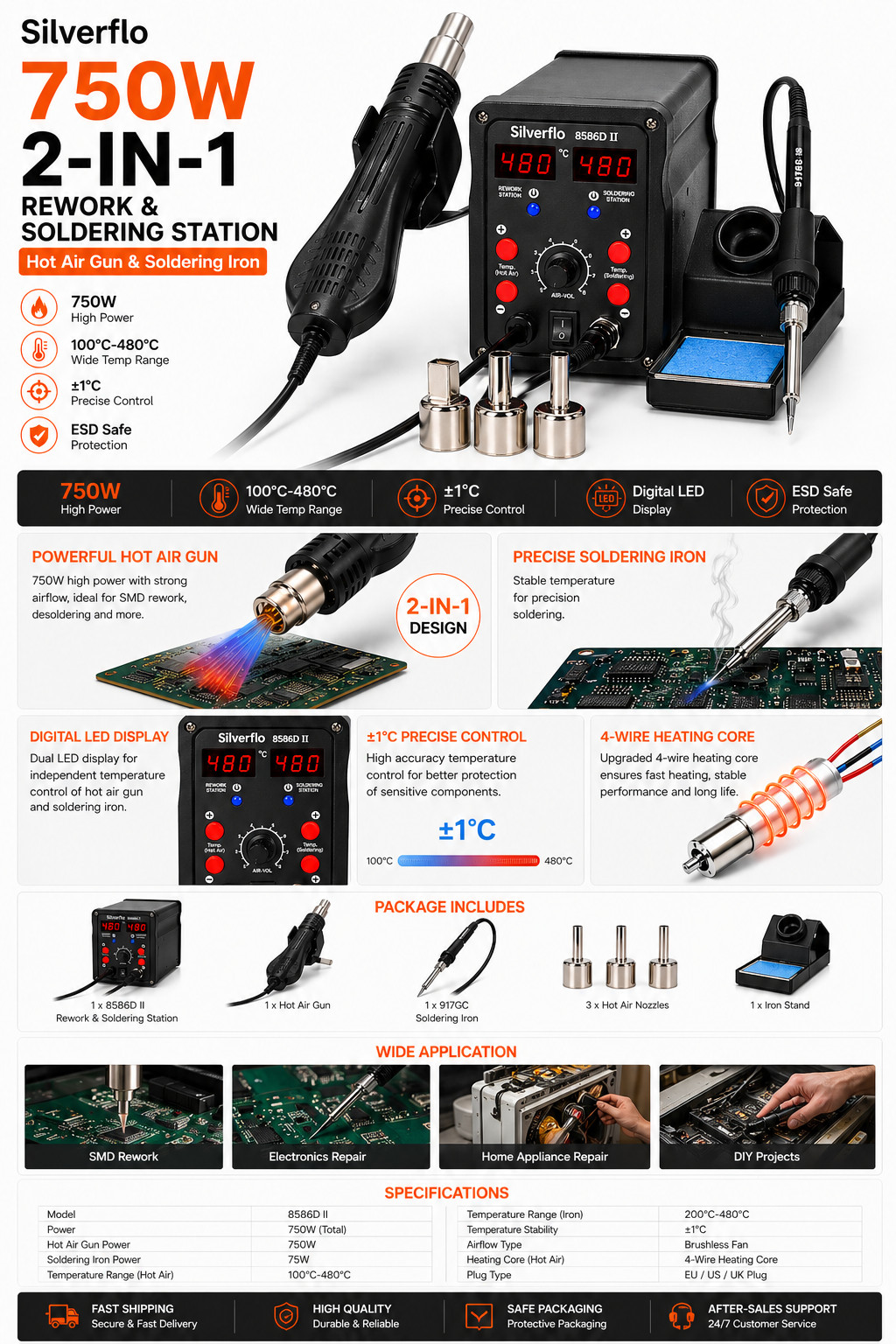 750W 8586D Solder Station 2 in 1 Soldering Iron Kit Hot Air Gun Rework station