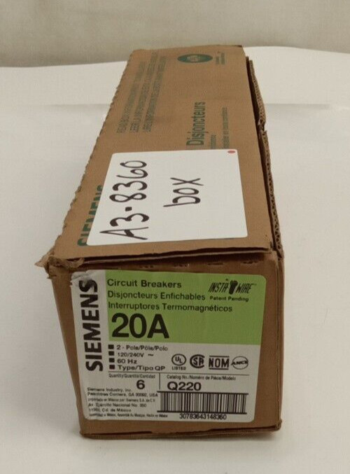 Siemens Q220 Circuit Breaker 20A 2-Pole 120/240VAc 60Hz Type QP Common Trip 6pk