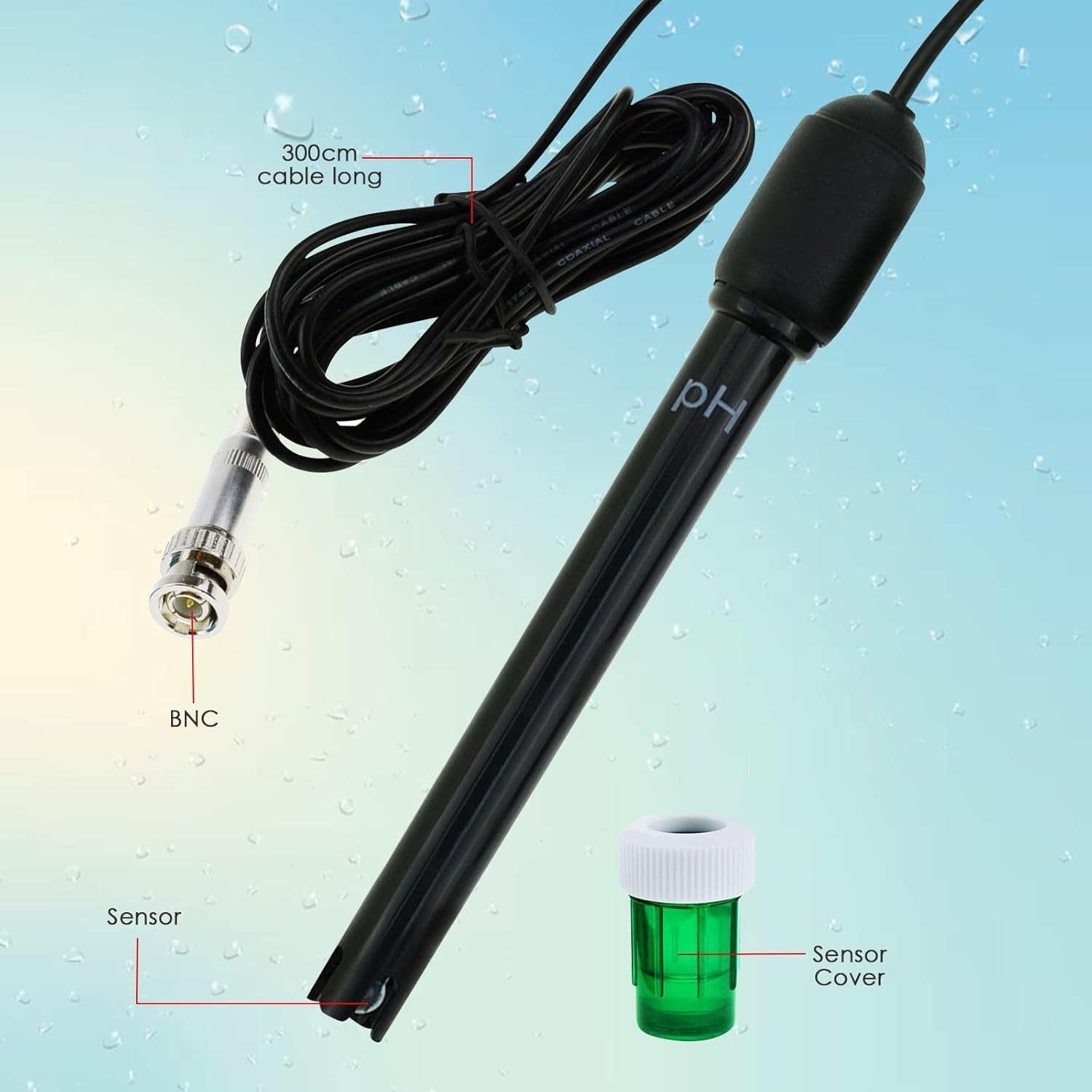 Long Body Ph Electrode with BNC Socket Probe 300Cm Cable 0-14Ph for Ph Meter, Ph