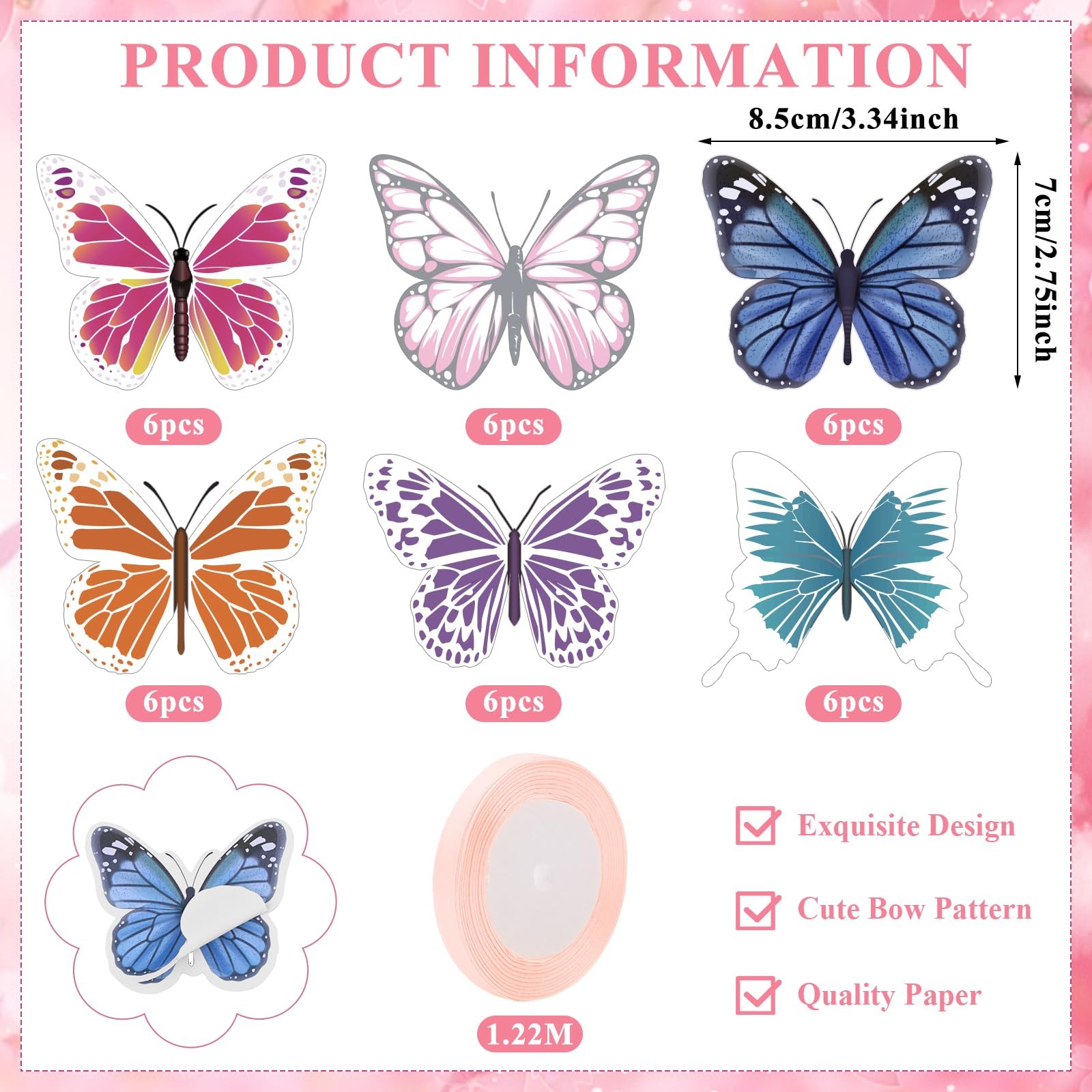 Ioffersuper 36 Sets Butterfly Sticky Approximately 2×3 inches, Multicolor