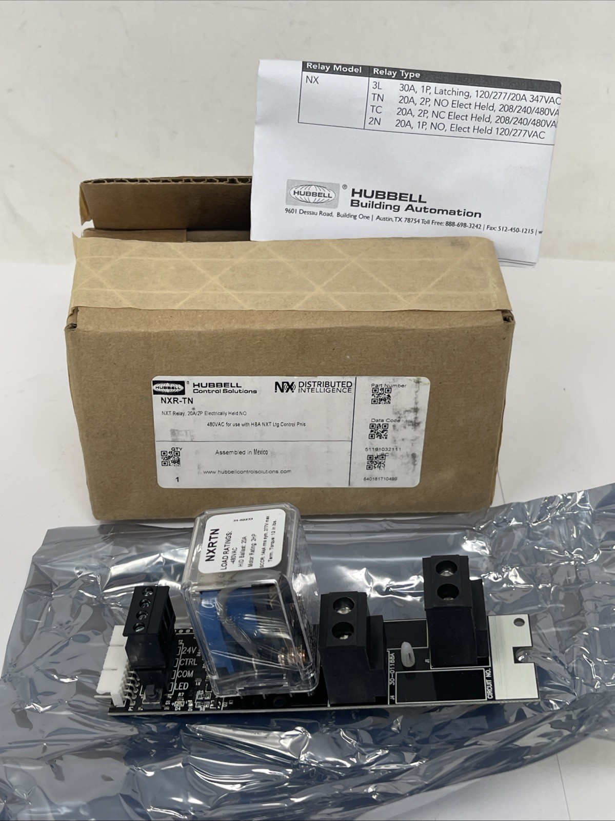 Hubbell NX NXR-TN NXT Relay, 20A/2P Electrically Held for HBA NXT Control Panels