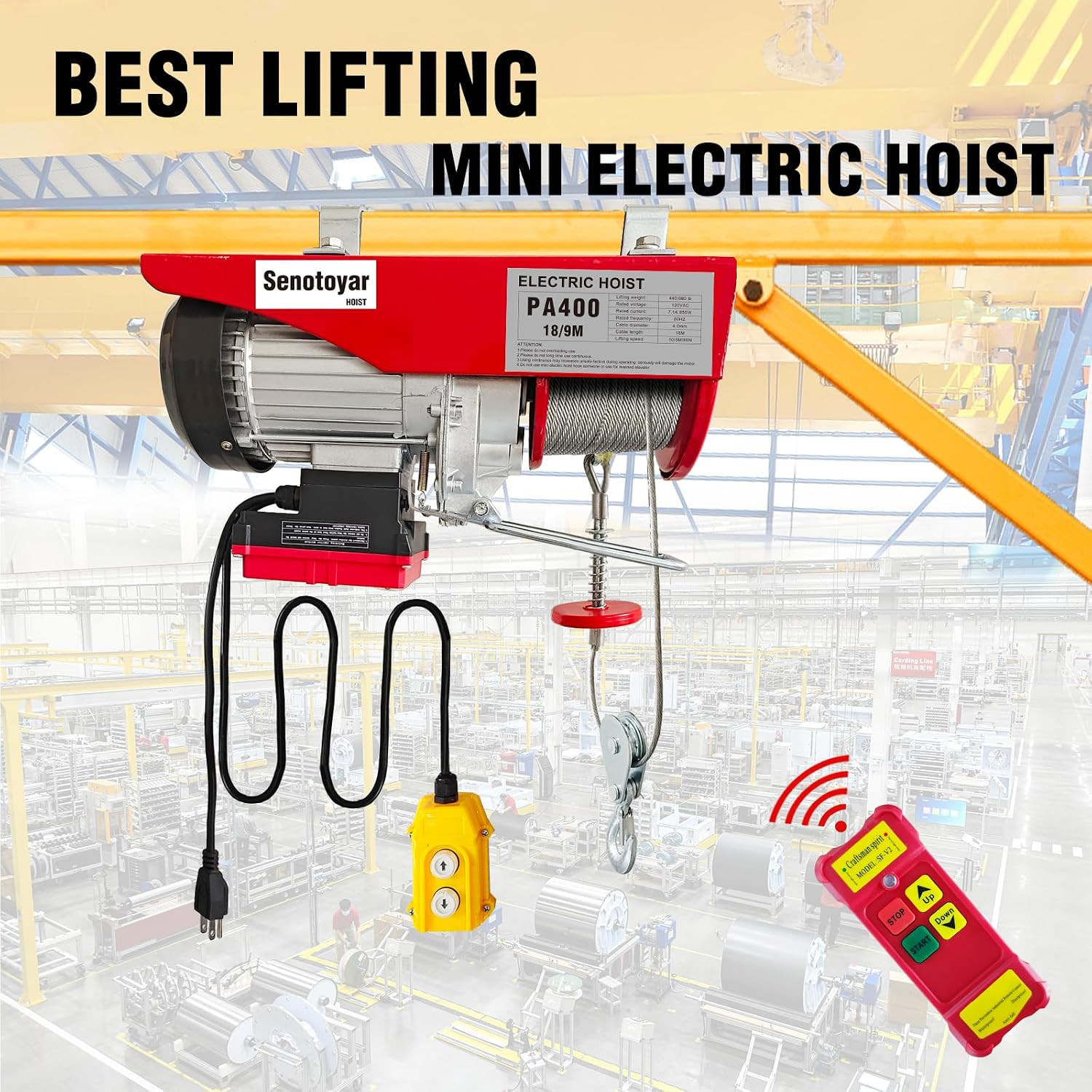 Electric Hoist 2 in 1,880Lbs Electric Hoist Winch with 98Ft Wireless Control&Wir
