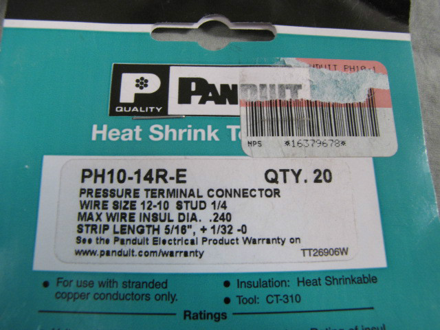 20pk Panduit Heat Shrink Pressure Ring Terminal Connector PH10-14R-E NEW