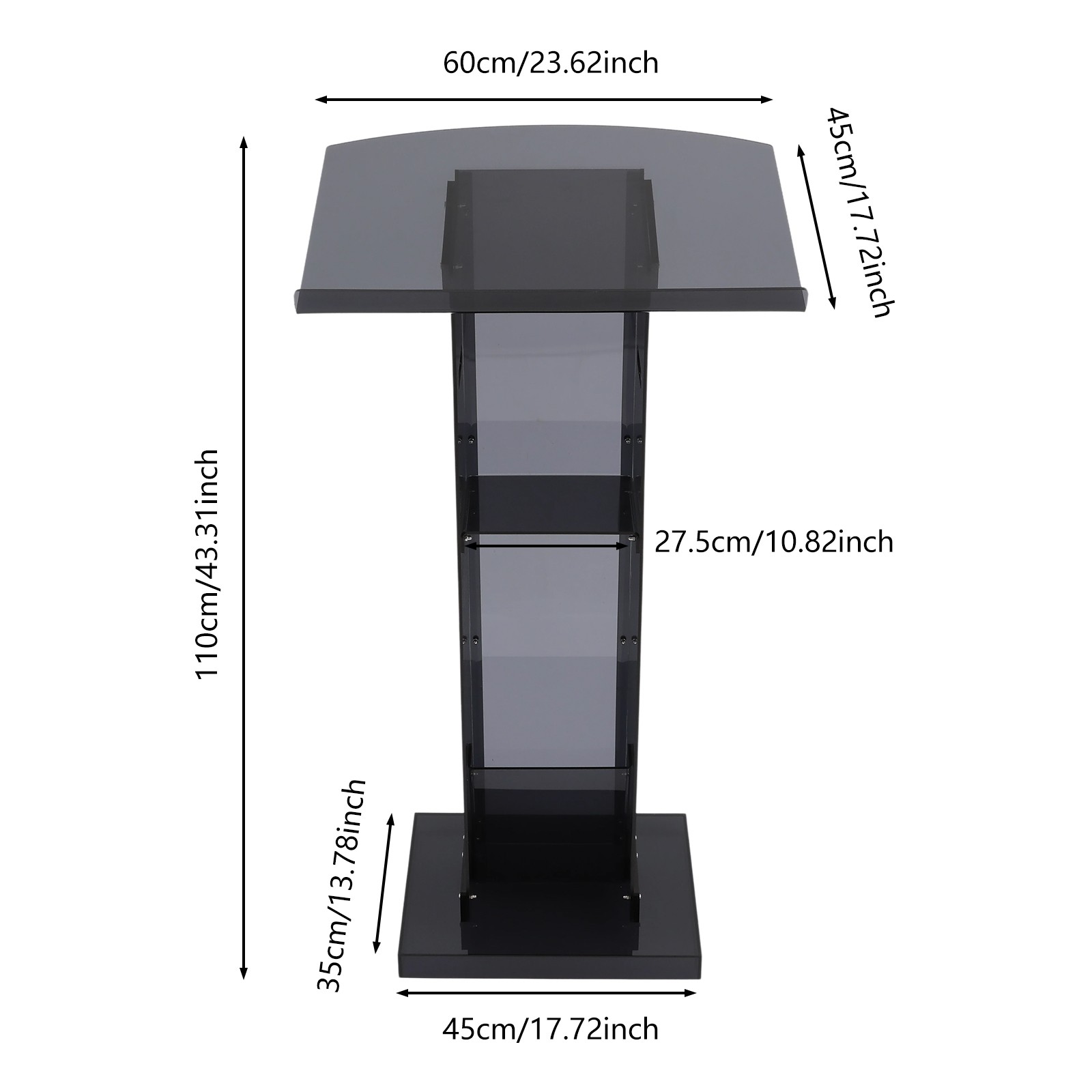 Acrylic Podium Stand, Floor Standing Portable Pulpits with Storage Shelf Black