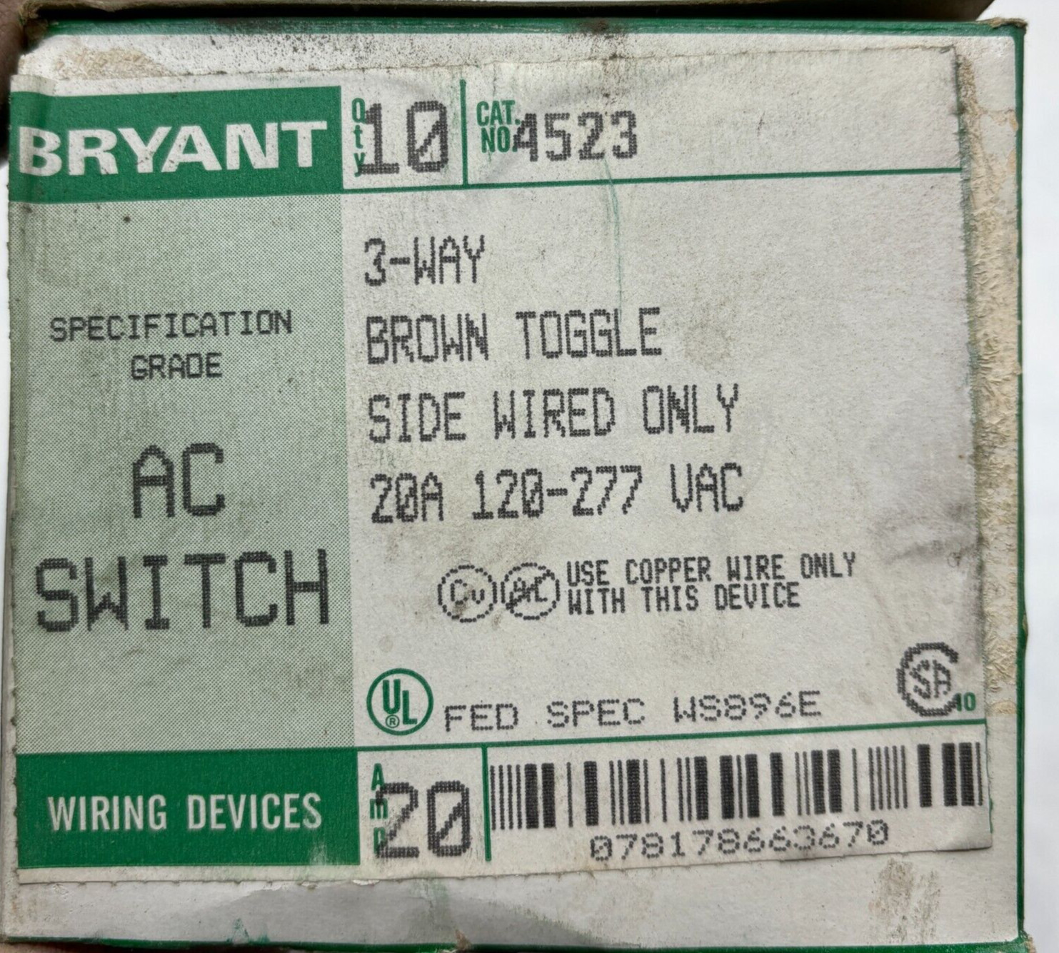 Bryant 4523 3-way Brown Toggle Back & Side Wired 20A 120-277 VAC Box Of 10 ⭐