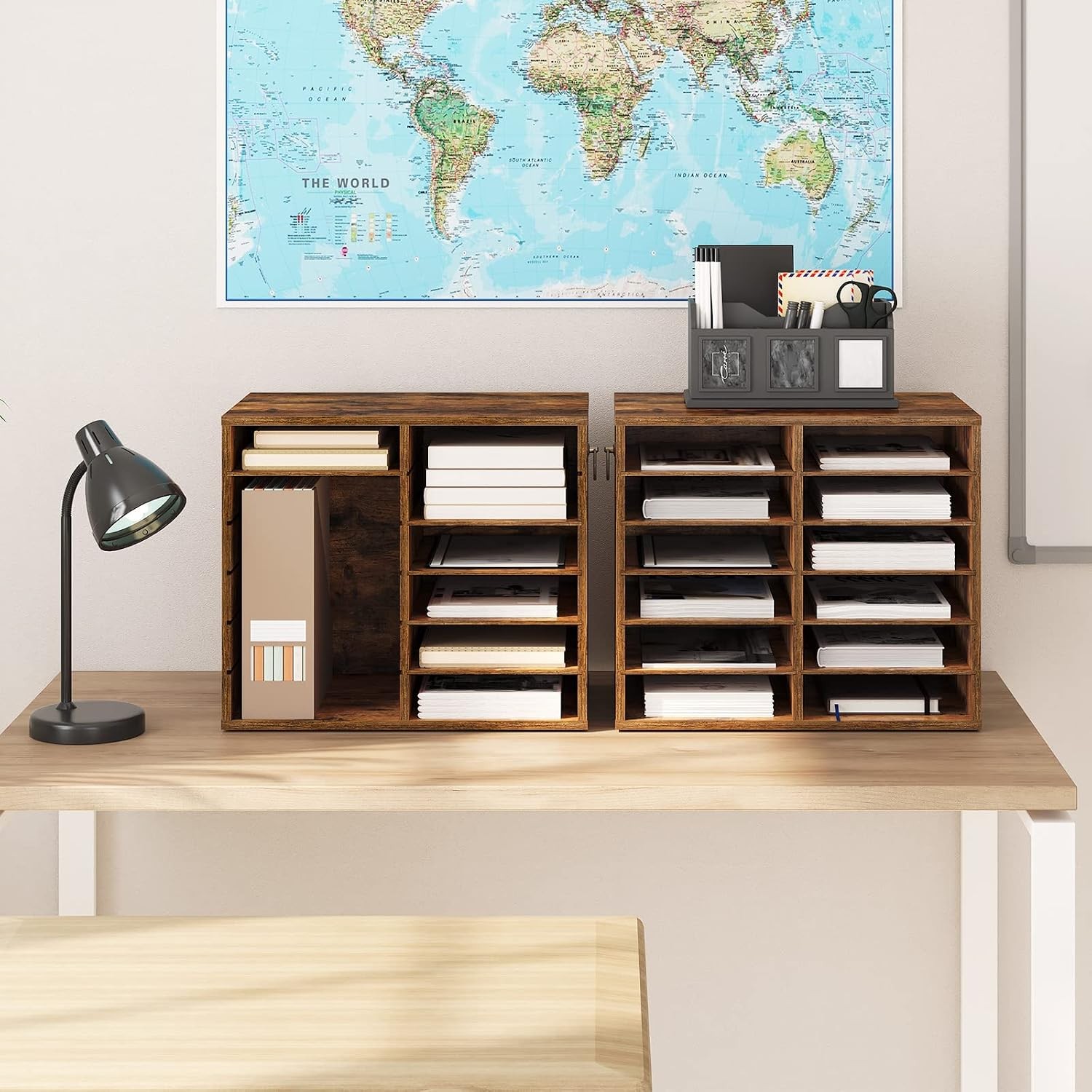 12-compartment wooden literature organizer with adjustable shelves