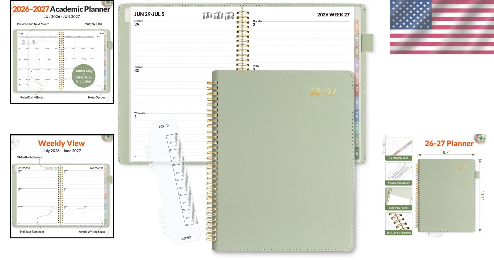 Elegant 2026-2027 Planner – 9×11.2 Leather, Extra Pages & Colorful Tabs