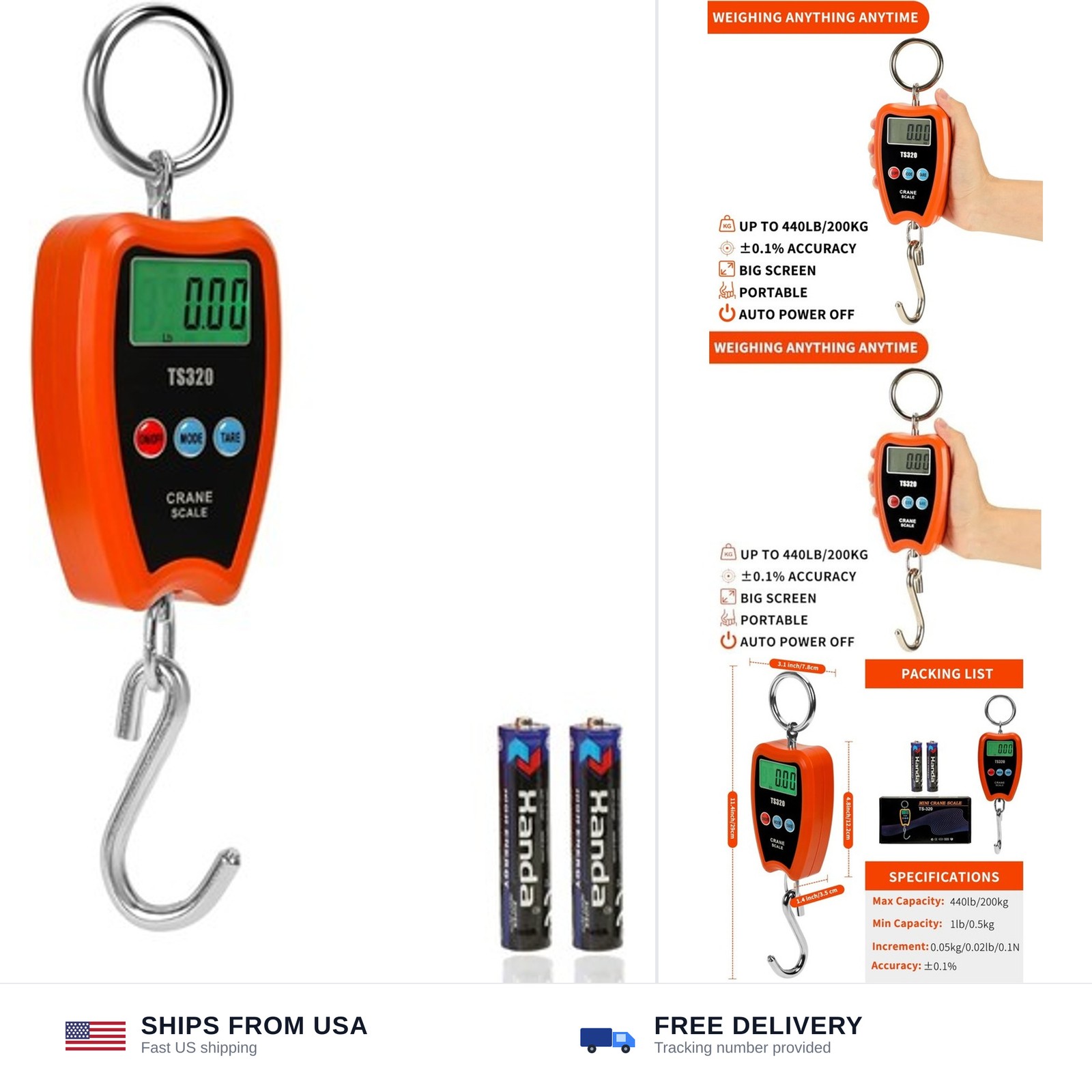 Digital Crane Scale 300kg/660lbs 200kg/440lbs with LED Handheld Mini Hanging …
