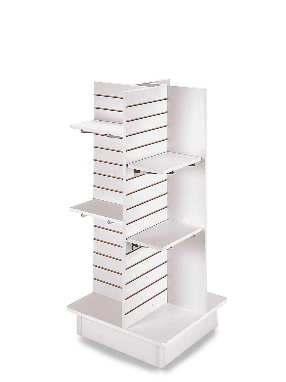 4 Panel White Slatwall Tower Casters and Shelves 23″ x 23″ x 54″