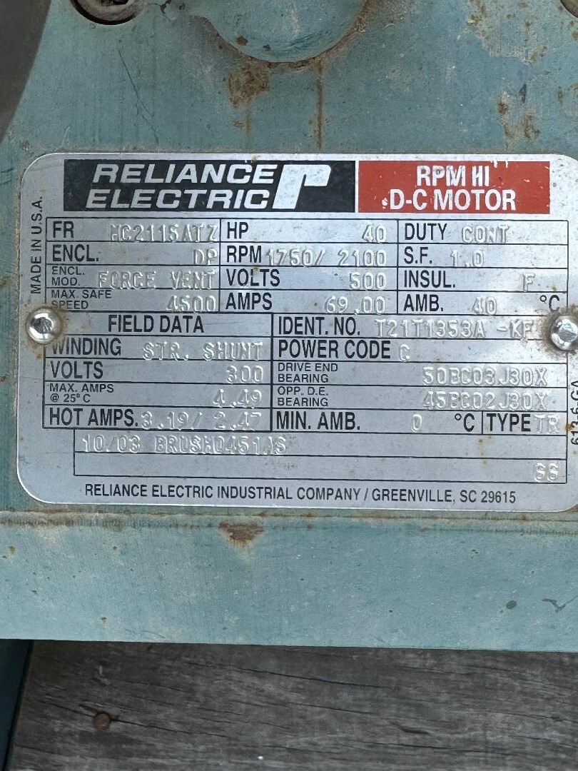 RELIANCE DC 40HP,1750/2100,500V,MC2115ATZ FRAME,REBUILT