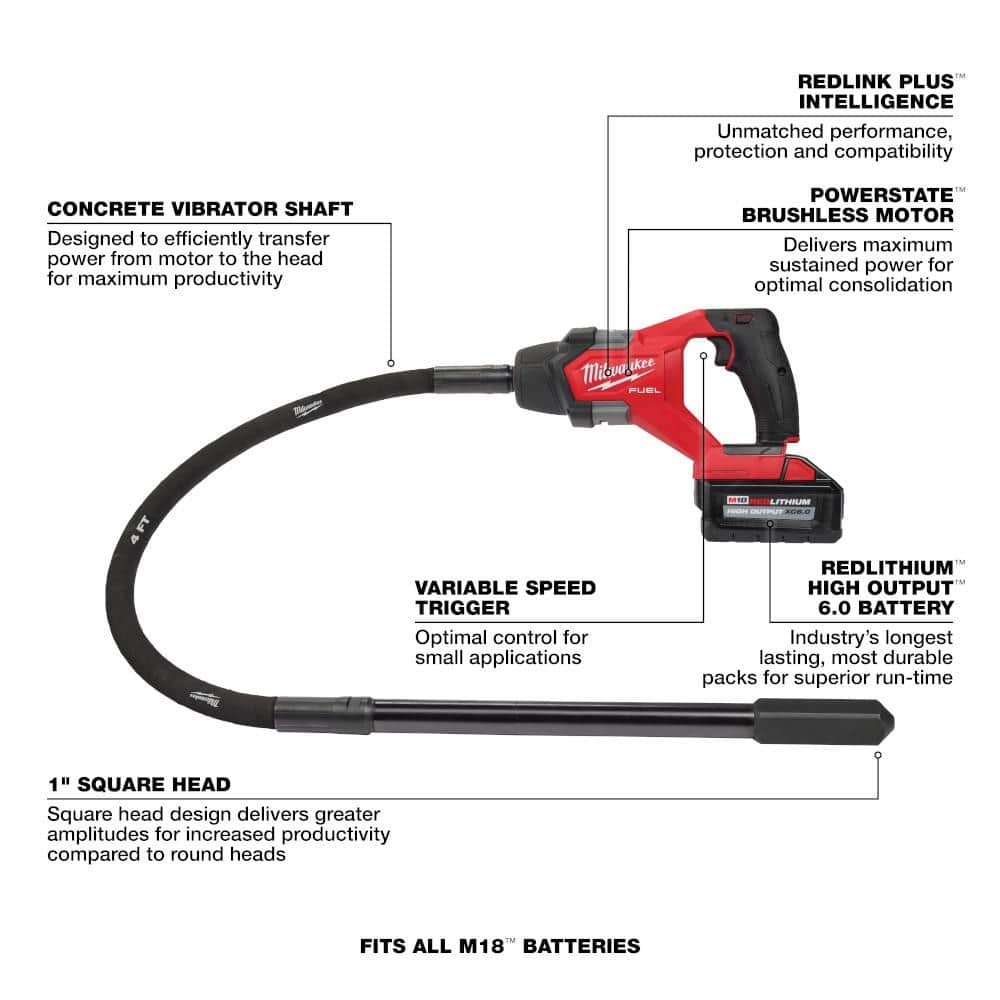 Milwaukee M18 FUEL 18V Lithium-Ion Brushless 4 ft. Concrete Vibrator w/ Battery