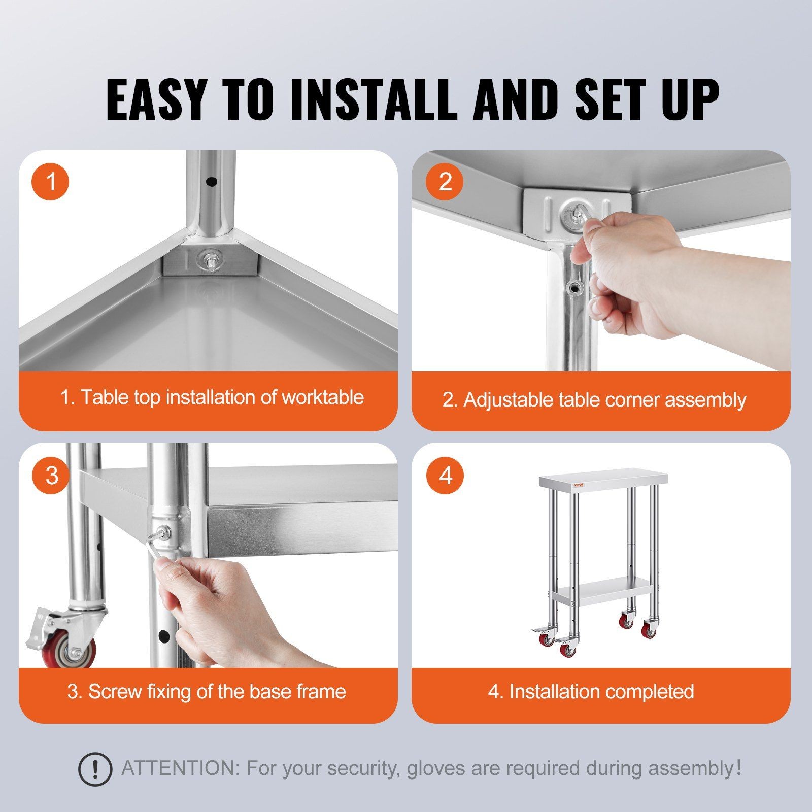 SUS201 Stainless Work Table 12″x24″, 3 Adjustable Shelves, Swivel Casters