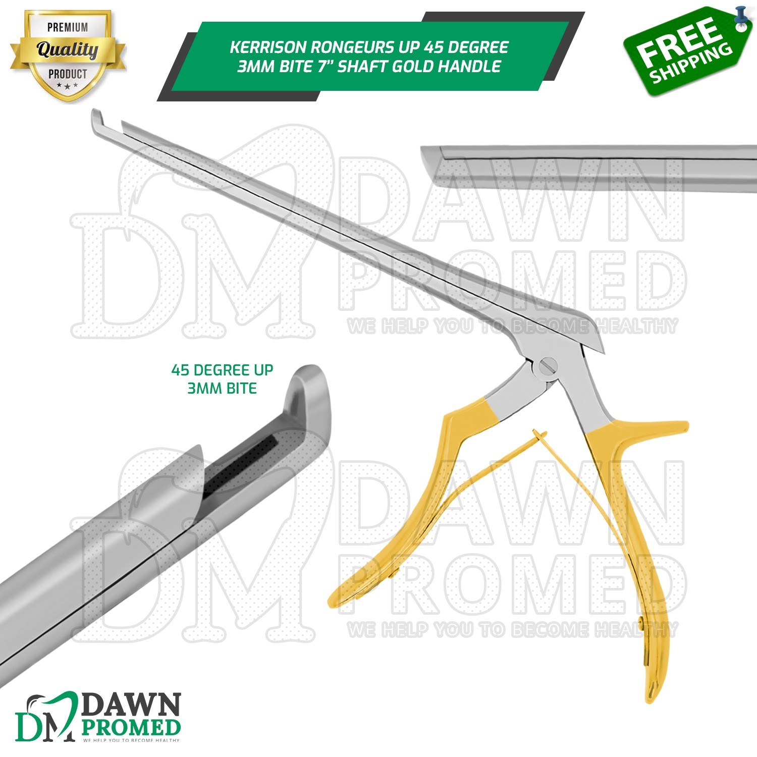 Kerrison Rongeur 7″ Shaft with 3mm 45° Up Bite Punch Forcep Gold Handle German G