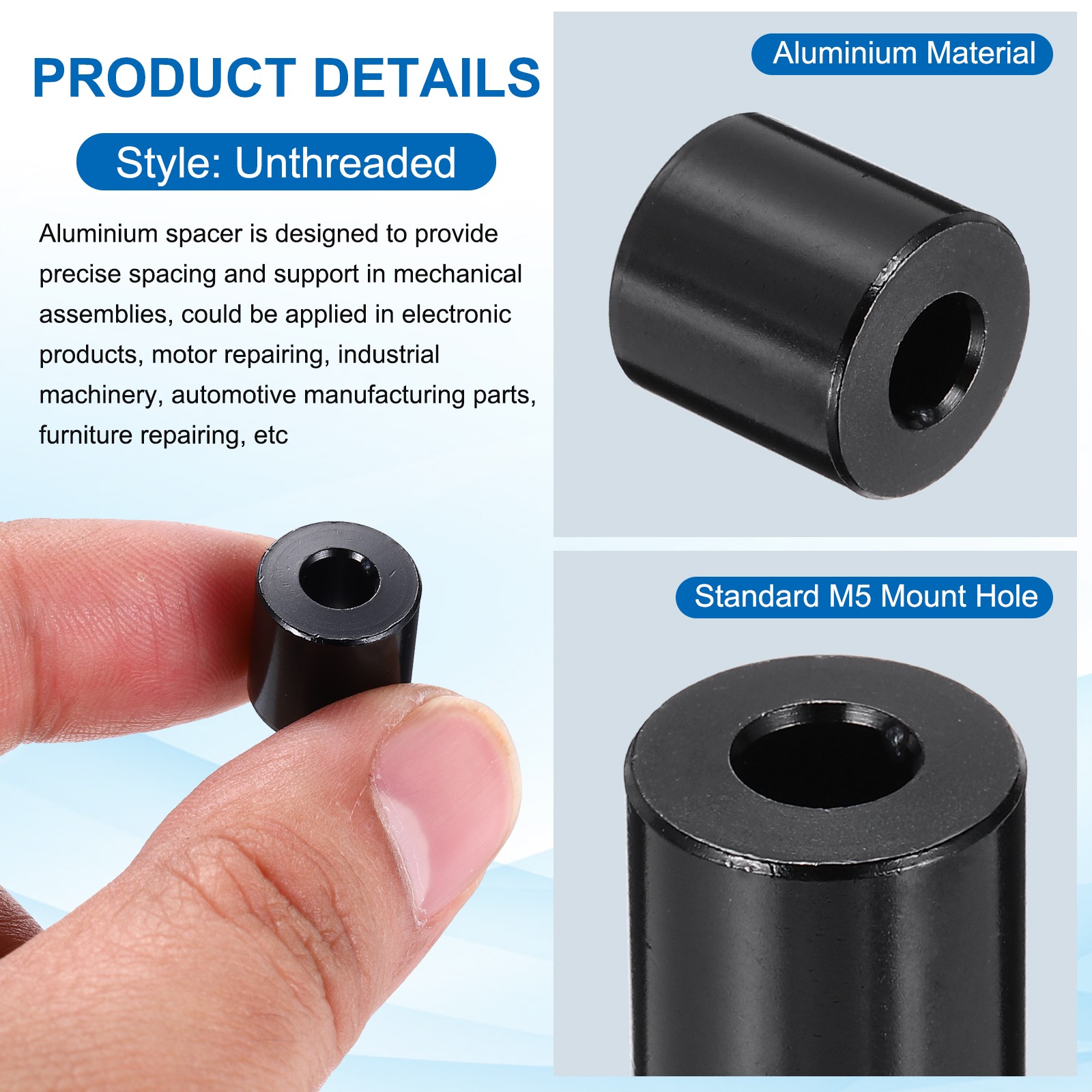Aluminium Spacer, M5 3/16″ ID x 1/2″ OD x 1/2″ L, (Pack of 10)