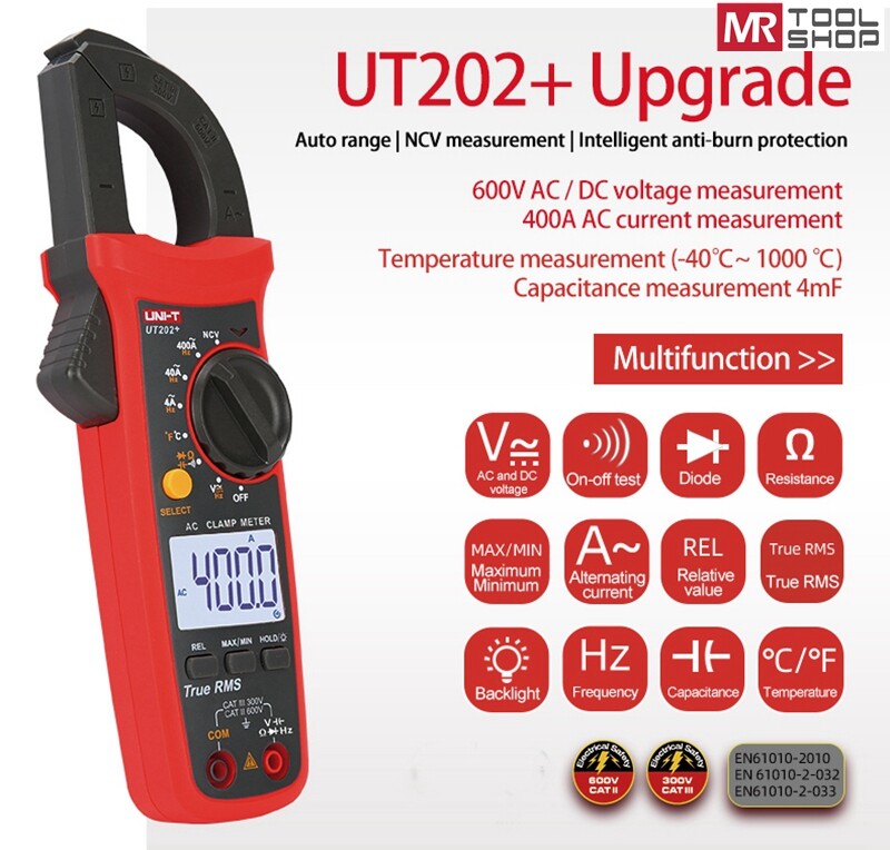 UNI-T UT202+ T-RMS Digital Clamp Meter AC DC NCV Multimeter OHM Cap Temp Tester