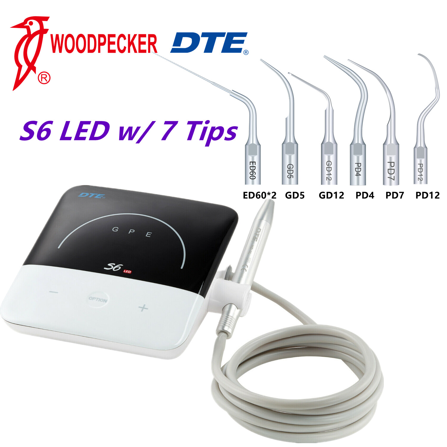 Woodpecker DTE S6 LED Dental Ultrasonic Scaler HD-8L LED Handpiece 7 Piezo Tips
