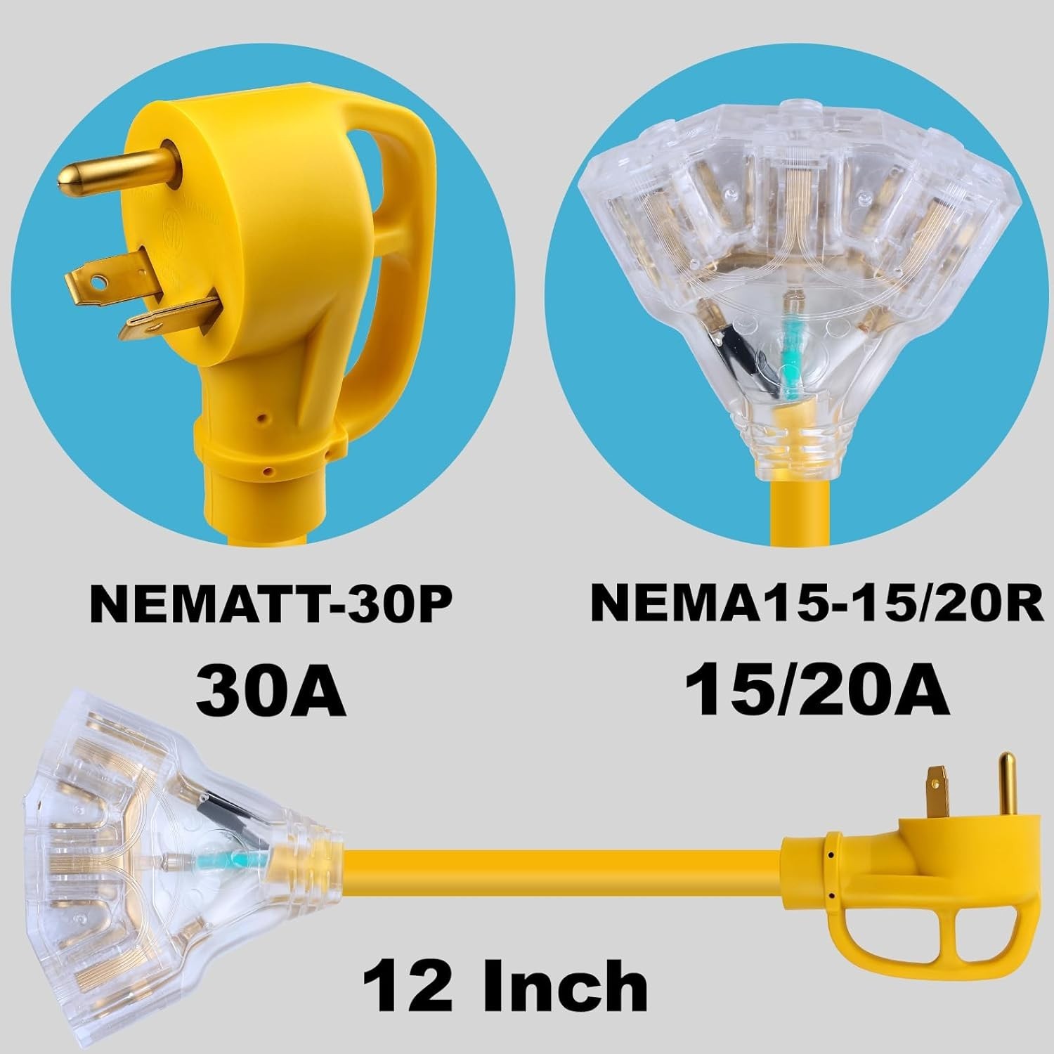30 Amp to 20 Amp 110 V RV Plug Extension Adapter Cord, NEMA TT-30P Male to 3X 5-