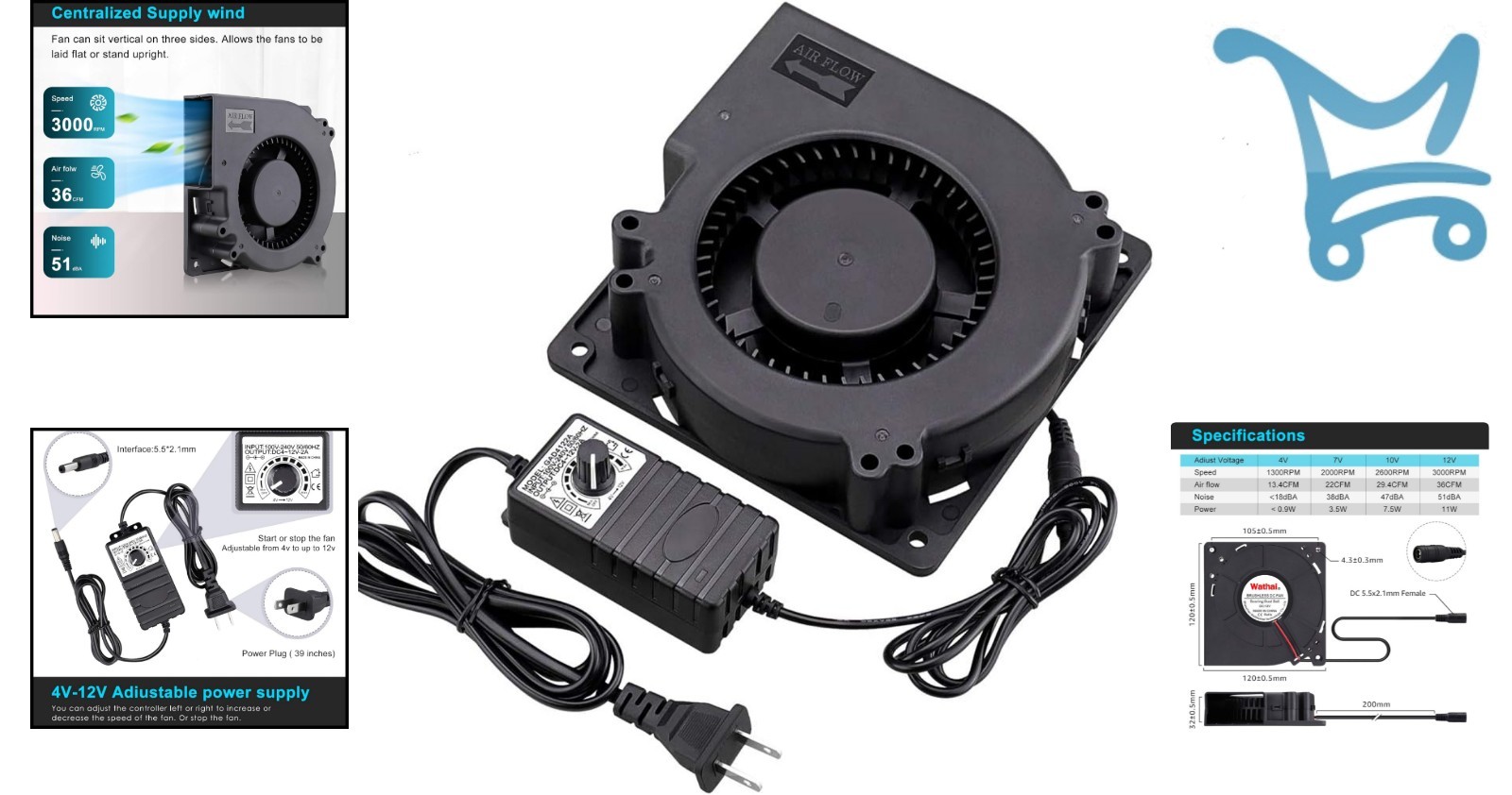 120mm x 32mm Centrifugal Blower Fan 110V/220V AC with Speed Controller