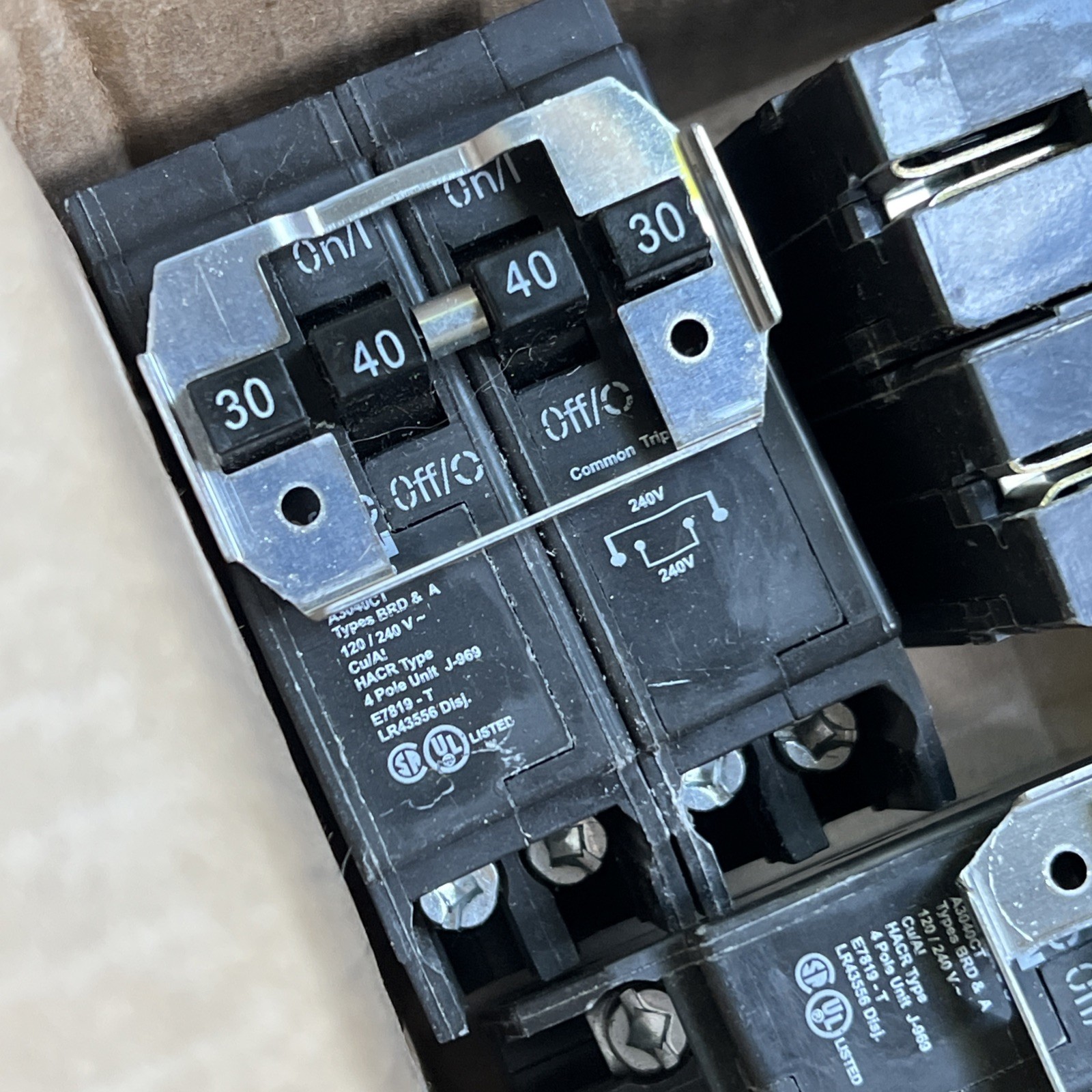 X3 Eaton BQC230240 quad 2P 30A 2P 40A 240v plug on circuit breaker Cutler Hammer