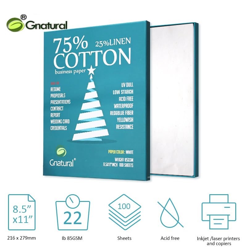 75% Cotton 25% Linen Business Paper, 85gsm 8.5”×11” Inkjet Printer Paper, Wat…
