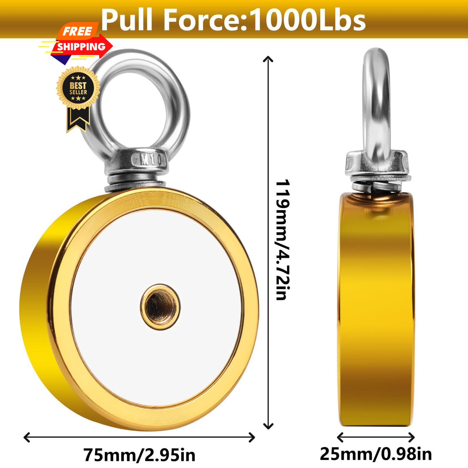 FINDMAG Double Sided 1000 lbs 2.95 inches(75mm)-1000lb, Golden Hole