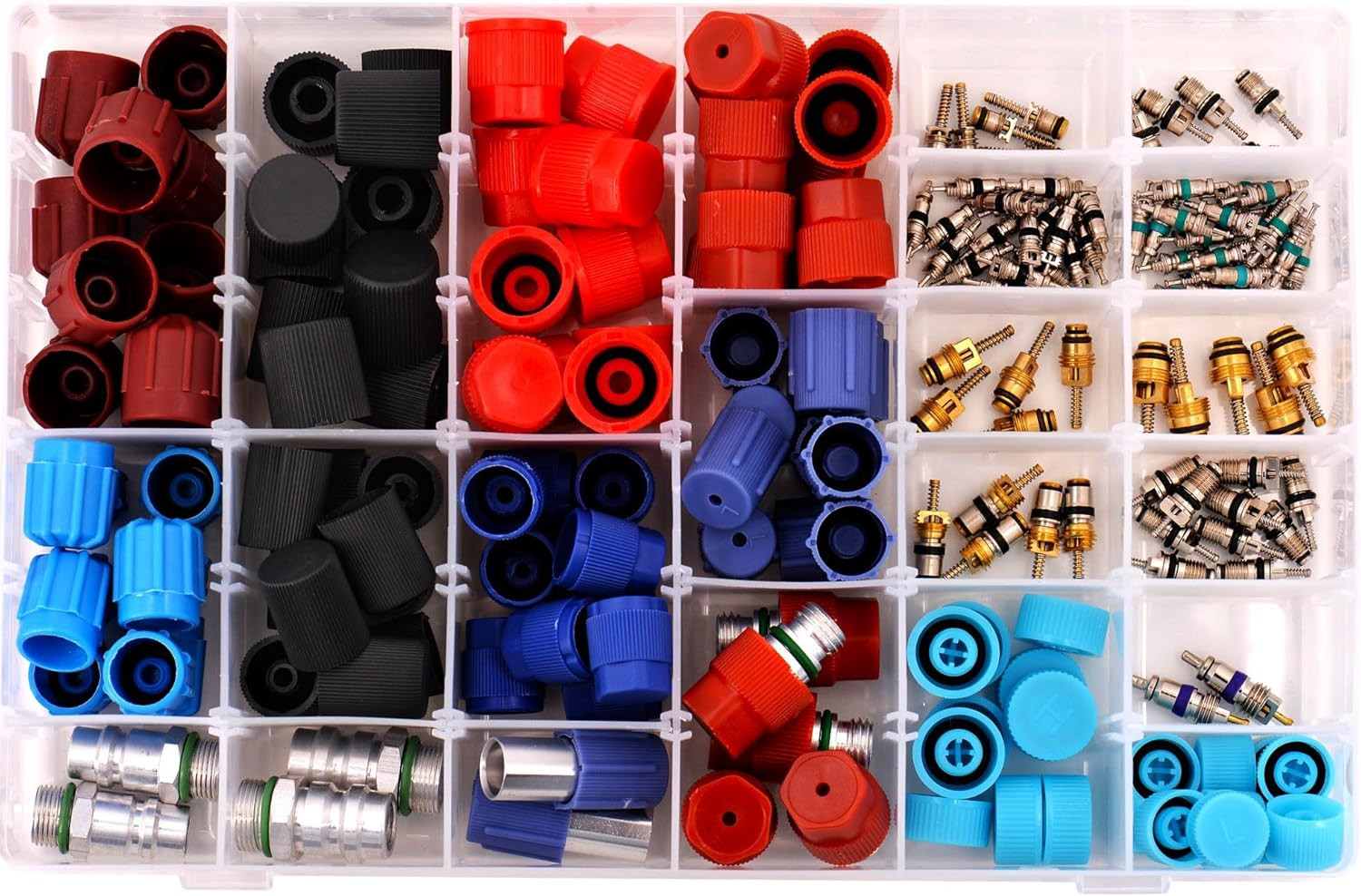 R134A A/C Valve Core & Dust Cap Kit | Assortment of 23 Styles – 188 Pieces | AC