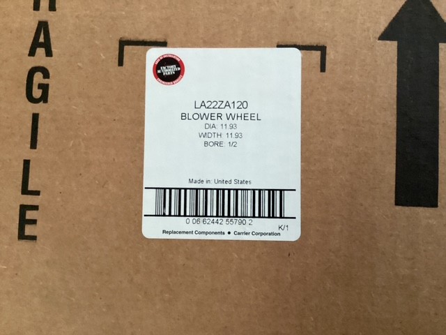 OEM Carrier HVAC LA22ZA120 Blower Wheel, 11.93″ x 11.93″ , 1/2″ Bore
