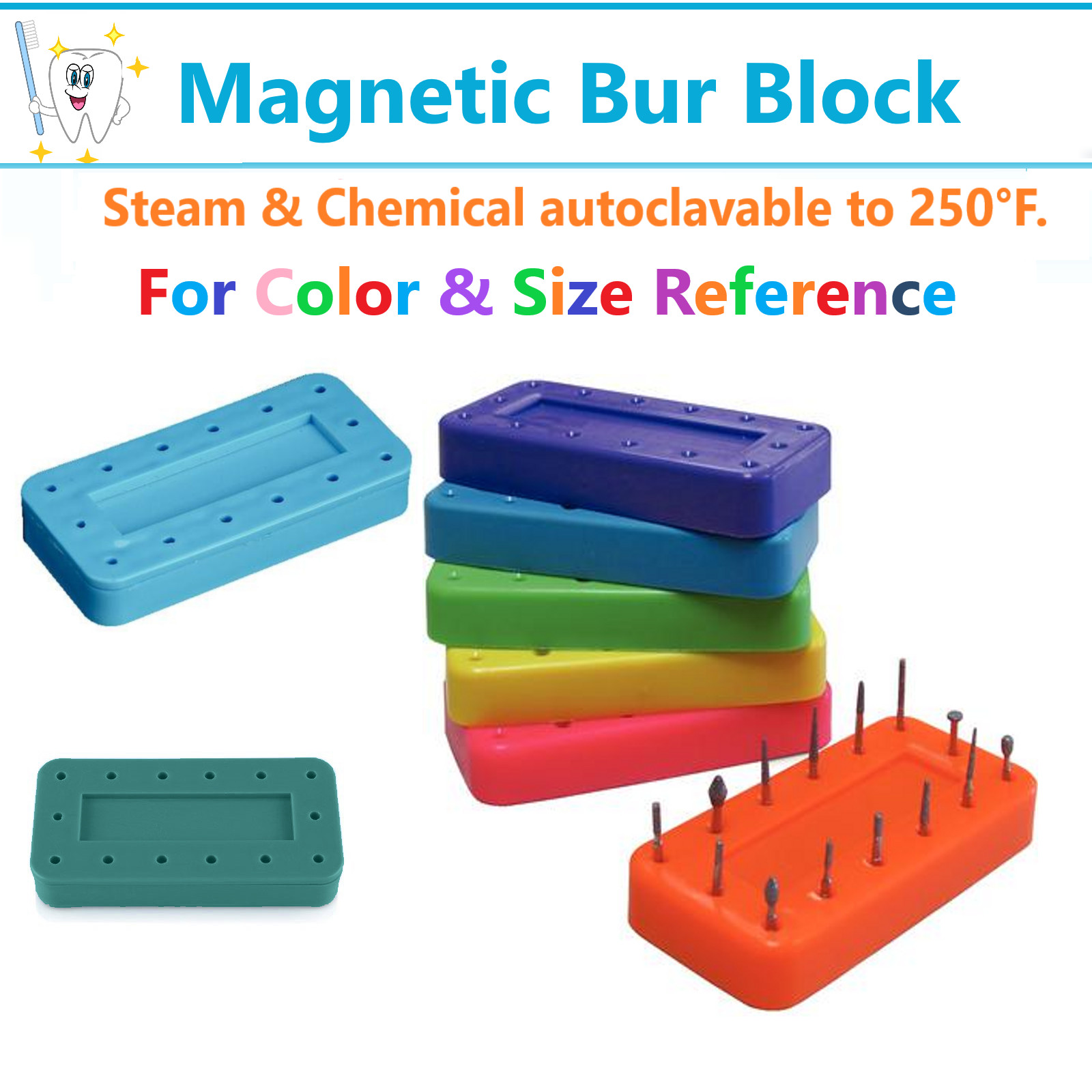 Dental RECTANGULAR Bur Block Magnetic Lab Holder Holds 14 Burs, FG, HP RA, 275F