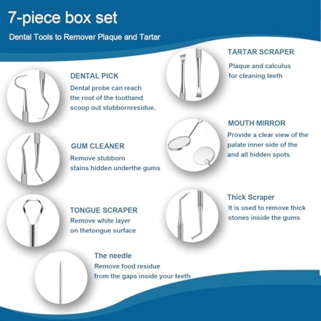 7pcs Dental Tools, Dental Pick for Teeth Cleaning, Stainless Steel Hygiene Kit