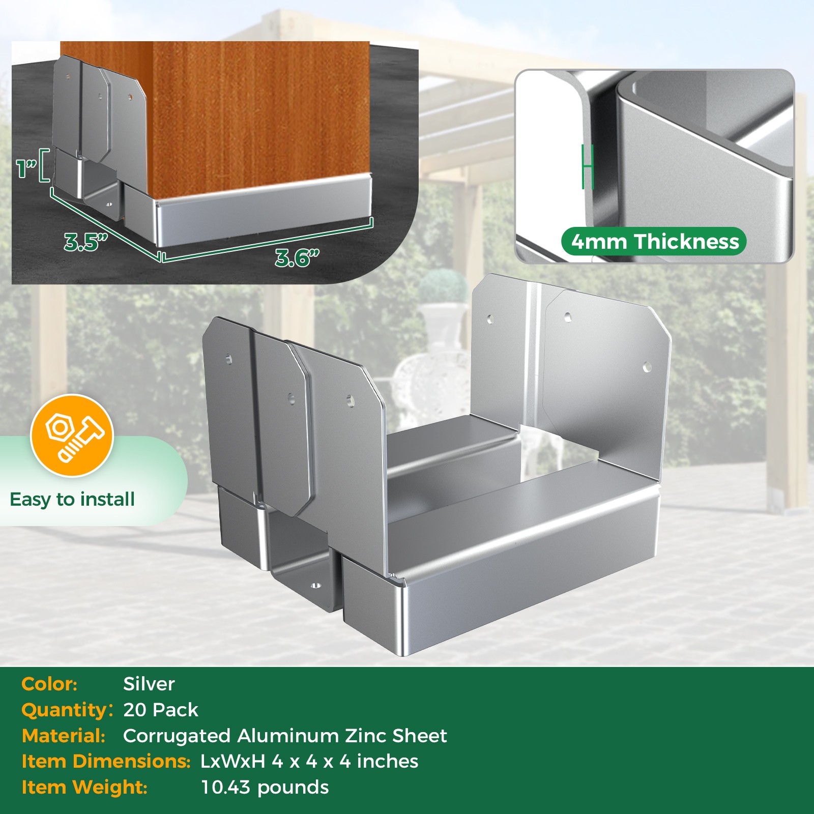 20Pcs 4×4 Post Base for Deck/Concrete, Heavy Duty, with 1″ Standoff & Anti-Rust
