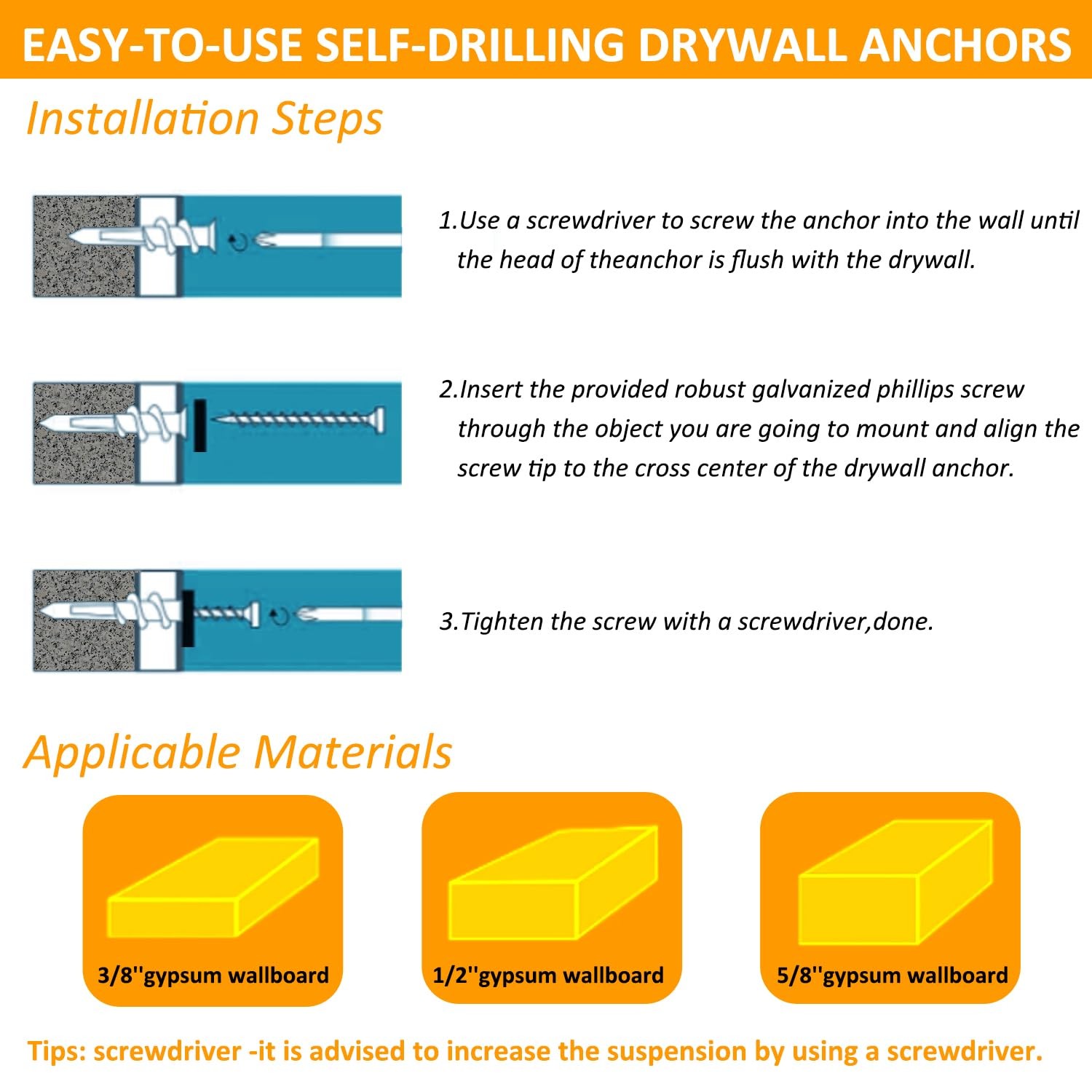 Self Drilling Drywall Anchors – 104Pcs Dry Wall and Screws 8, White