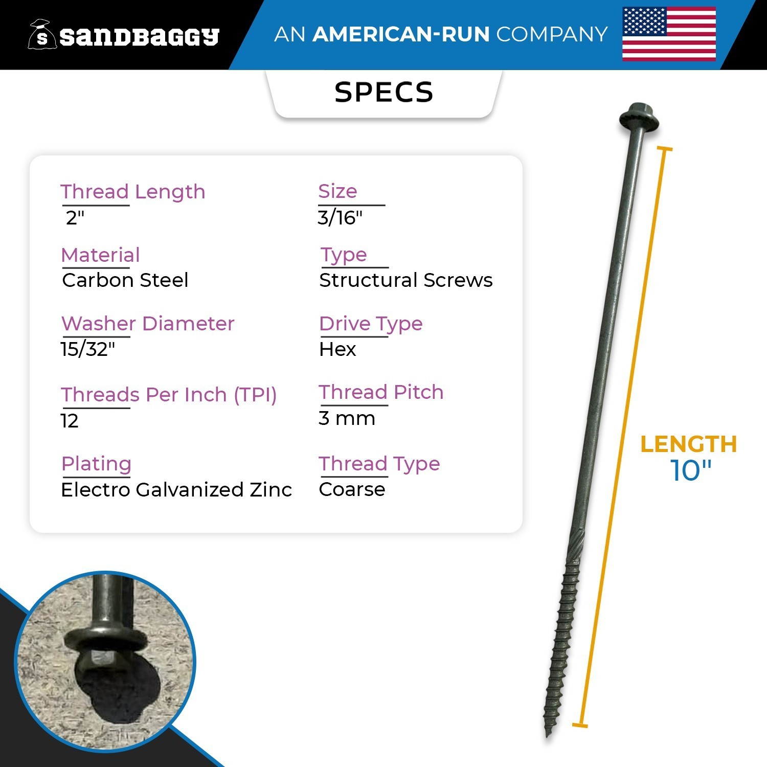 10″ Structural Timber Screws – Countersunk (Hex Head) – Sandbaggy