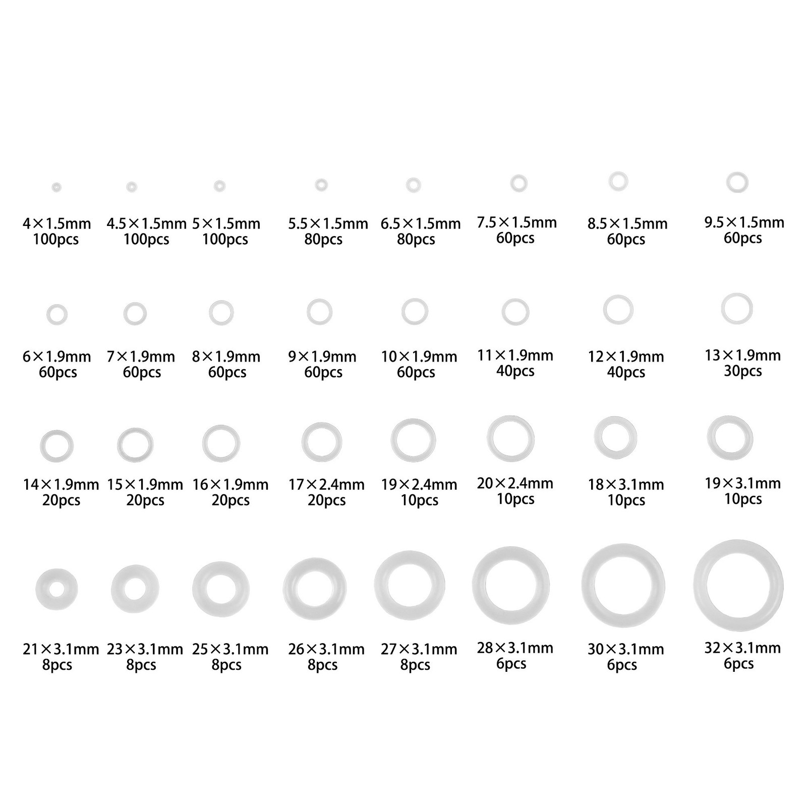 1228 Pcs 32 Size Clear Food Grade Silicone O-Ring Assortment OD 4-32mm