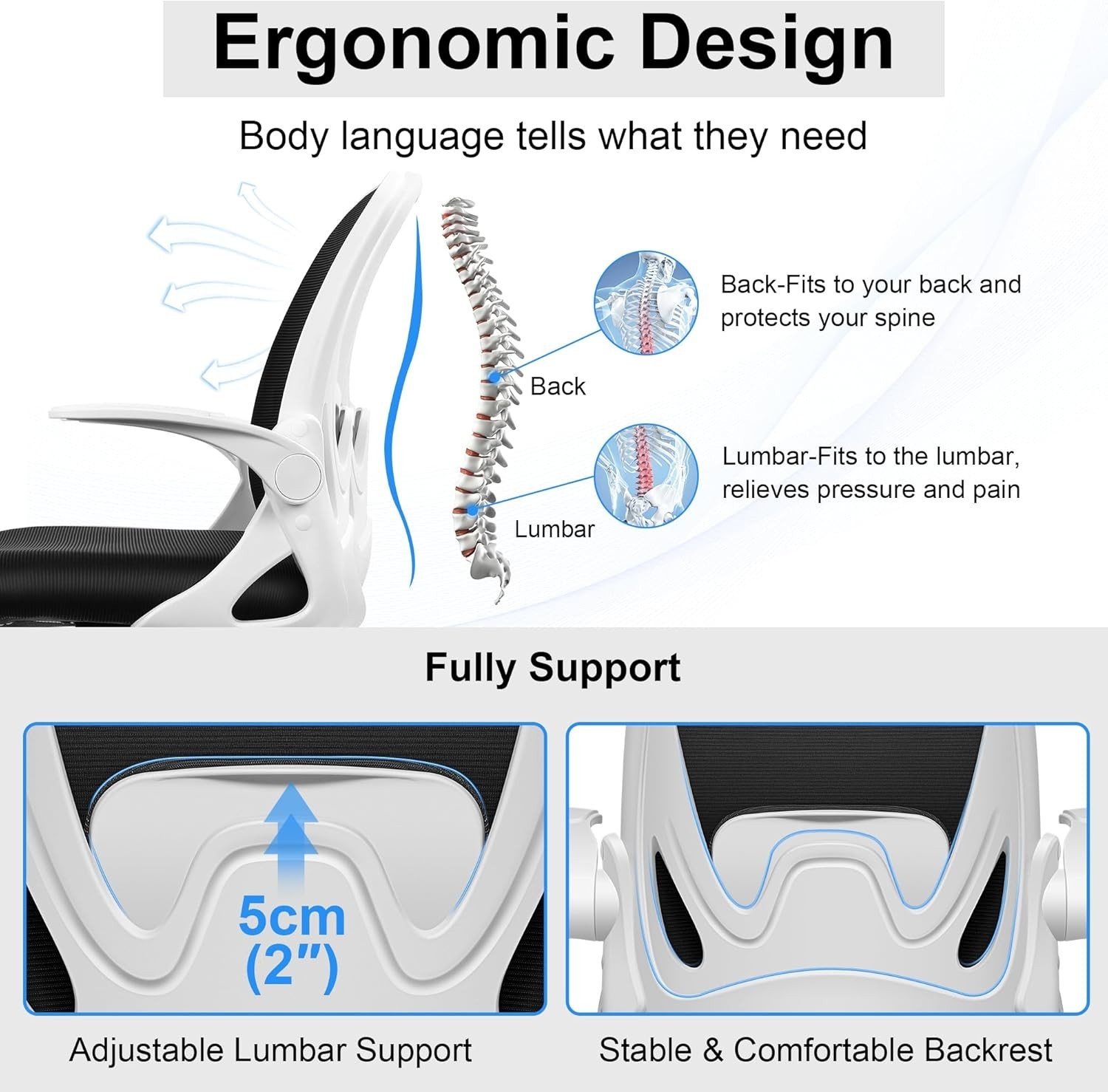 Ergonomic Drafting Chair with Flip-up Armrests – White