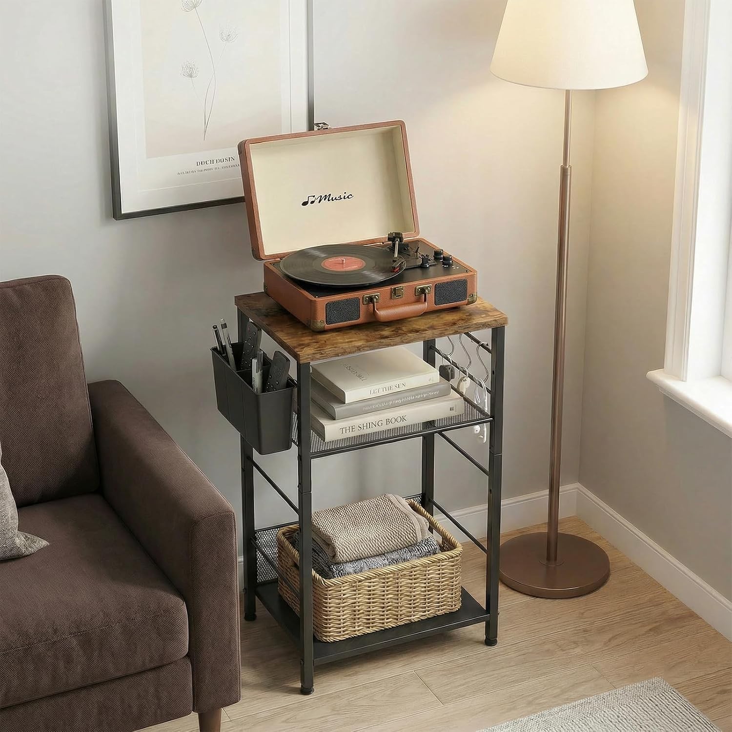 Adjustable 3-Tier Under Desk Printer Stand with Hooks & Basket