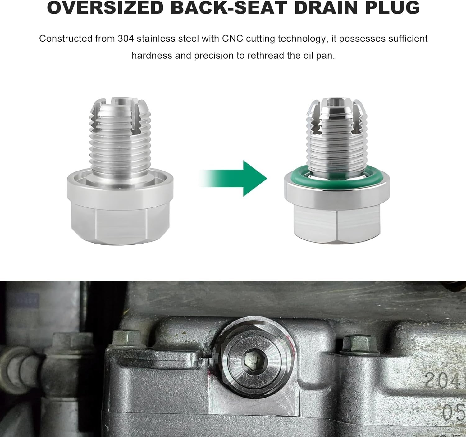 M12.1-1.5 x 15mm Oversize Piggyback Oil Drain Plug, Stainless Steel Self Tapping