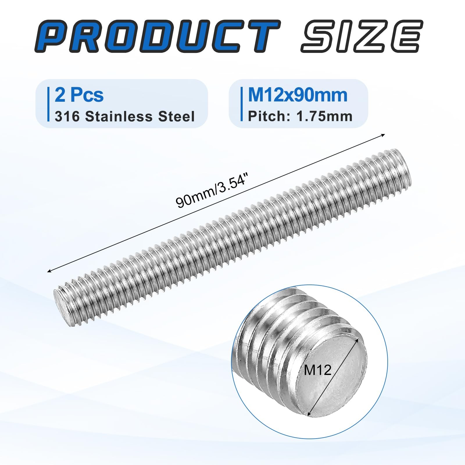 MECCANIXITY 2Pack M12x90mm Fully Threaded Rod, 316 Stainless M12-1.75x90mm