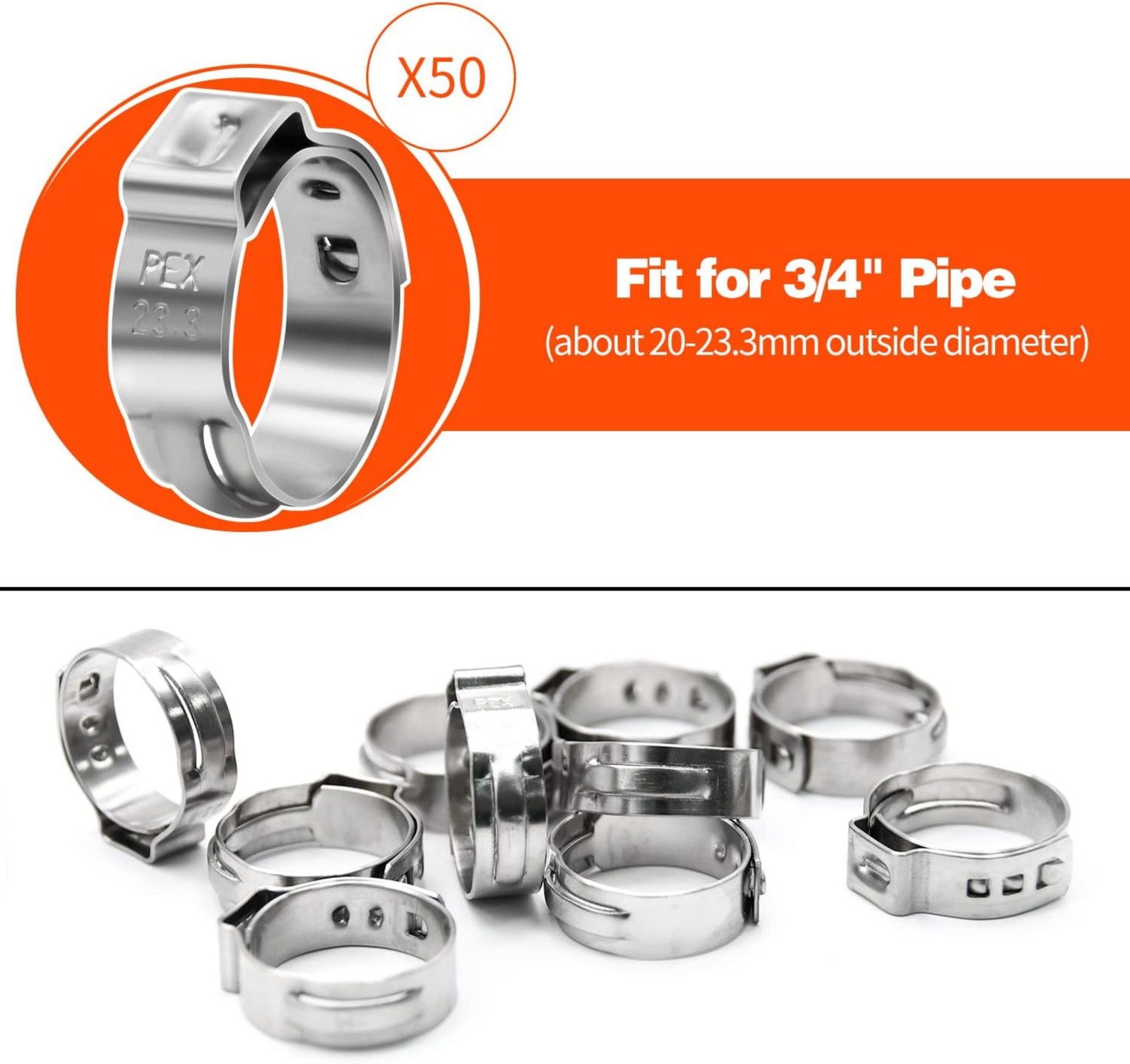 50 Pcs XFITTING 3/4″ Stainless Steel Pex Cinch Clamps – Barb Crimp Compatible