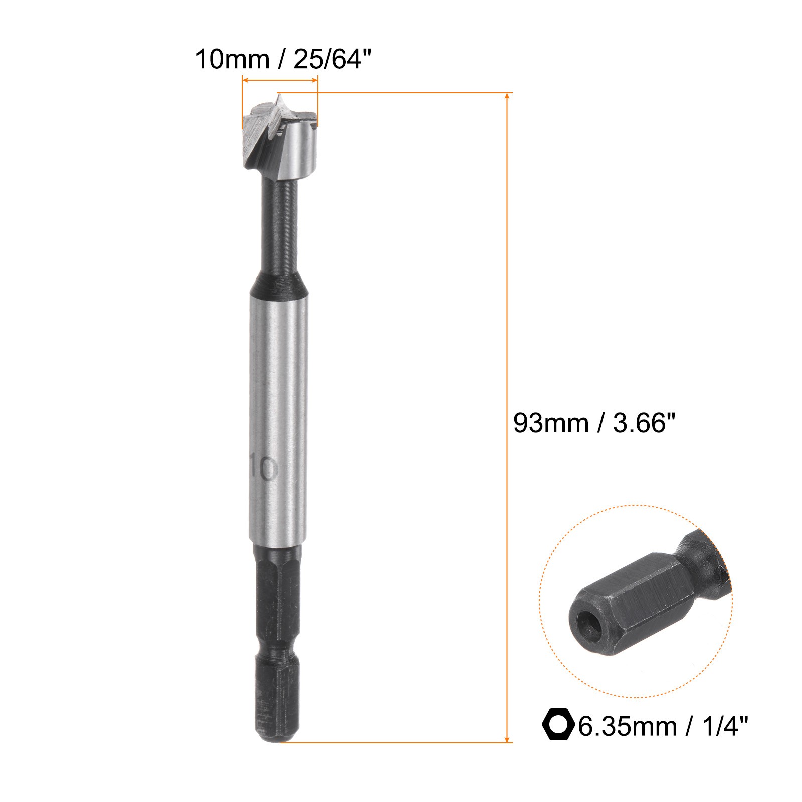 Forstner Drill Bit – 25/64″(10mm) Carbon Steel Hex Shank Wood Drilling Bit